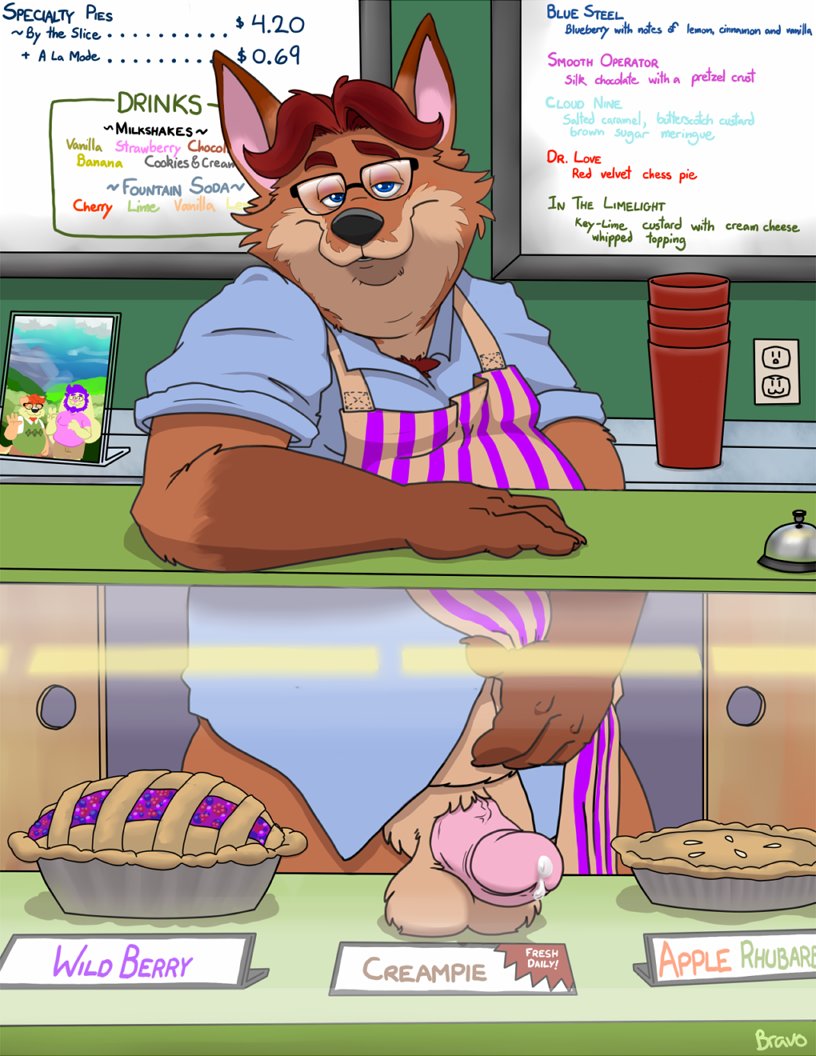 1boy 2021 anthro apron balls belly bodily_fluids bravo canid canine clothing cum dessert detailed_background disney english_text erection eyewear food fox genital_fluids genitals gideon_grey glasses humanoid_hands inside male male_only mammal overweight overweight_anthro overweight_male penis pie precum shirt solo text topwear zootopia