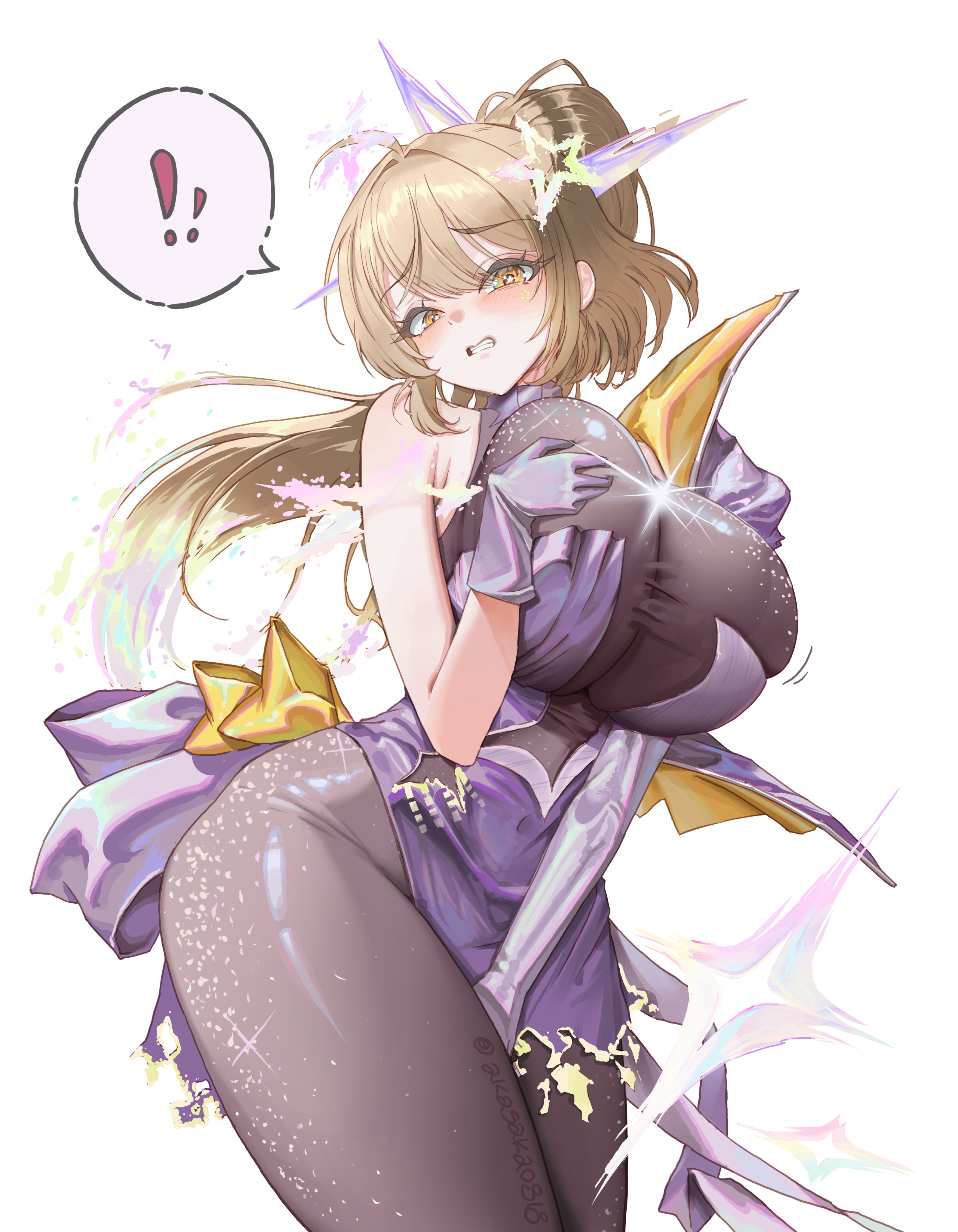 1girls, amber eyes, anis (nikke), anis (star) (nikke), anis (star) (starlight) (nikke), big breasts, blonde hair, breasts, breasts bigger than head, exclamation point, female, female only, fully clothed, goddess of victory: nikke, hand between thighs, hips, holding breast, kiki (akasaka0818), speech bubble, suprised, tagme, teeth, thick thighs, thighs, white background