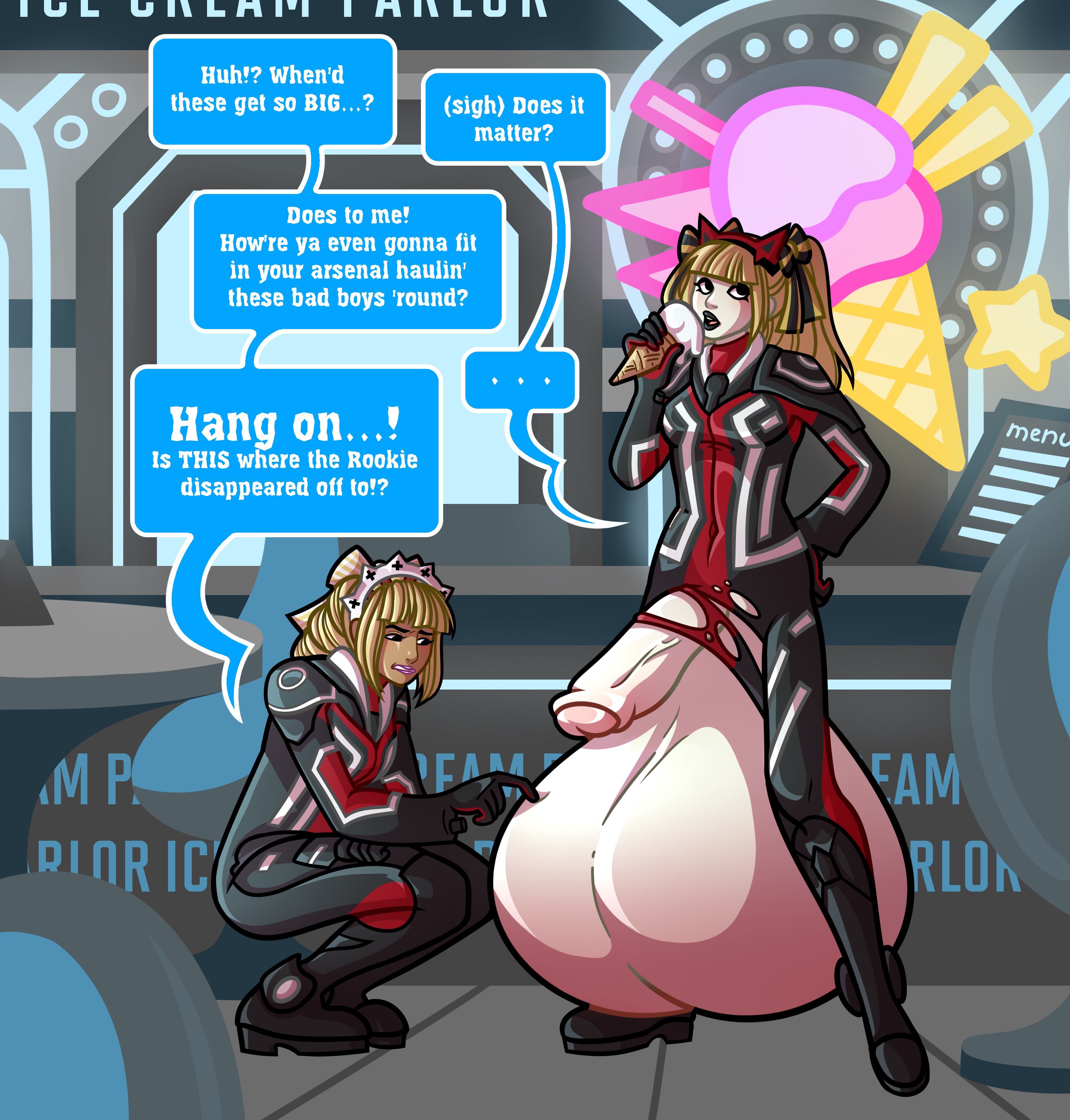 1futa, 1girls, balls, balls expansion, balls growth, balls growth (enlargement), blonde hair, casual exposure, casual nudity, clothing, cock vore, dialogue, duo, english text, female, food, futa with female, futanari, genital expansion, genital growth, genital growth (enlargement), gigantic balls, gigantic testicles, hair ornament, huge balls, huge penis, huge testicles, human, hyper, hyper balls, ice cream, intersex, light skin, makeup, oversized balls, pale skin, penis, quadlinda, standing, testicles, text, twintails, veiny penis, vore