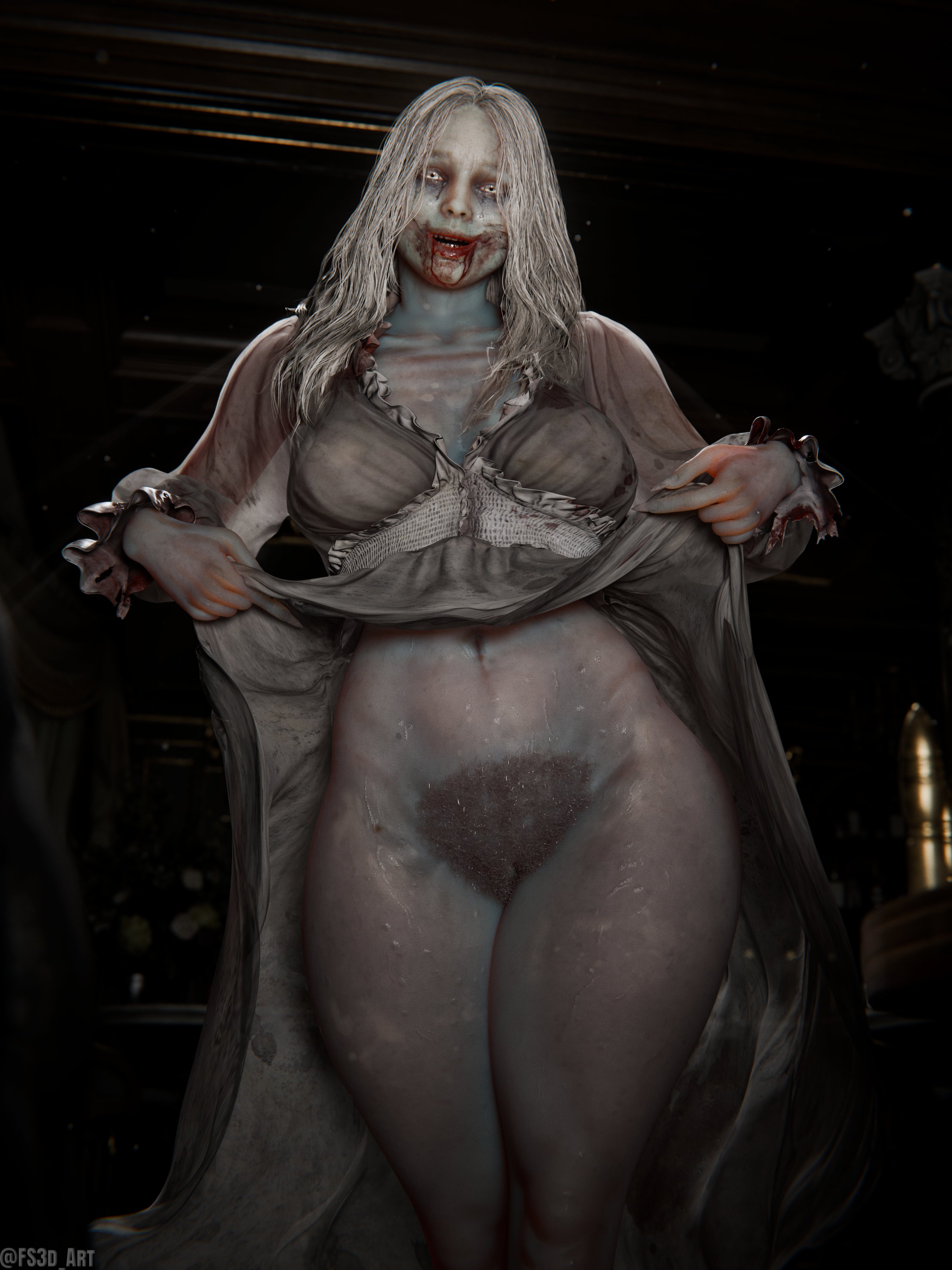 1girls, 3d, blood, blood on face, bush, capcom, dress lift, excessive pubic hair, female, female only, female pubic hair, flashing pussy, fs3d art, grey skin, hairy pussy, horror, monster girl, no panties, pubic hair, pussy, resident evil, resident evil 9: requiem, selena corey, solo, solo female, thick thighs, undead, white hair, wide hips, zombie, zombie girl
