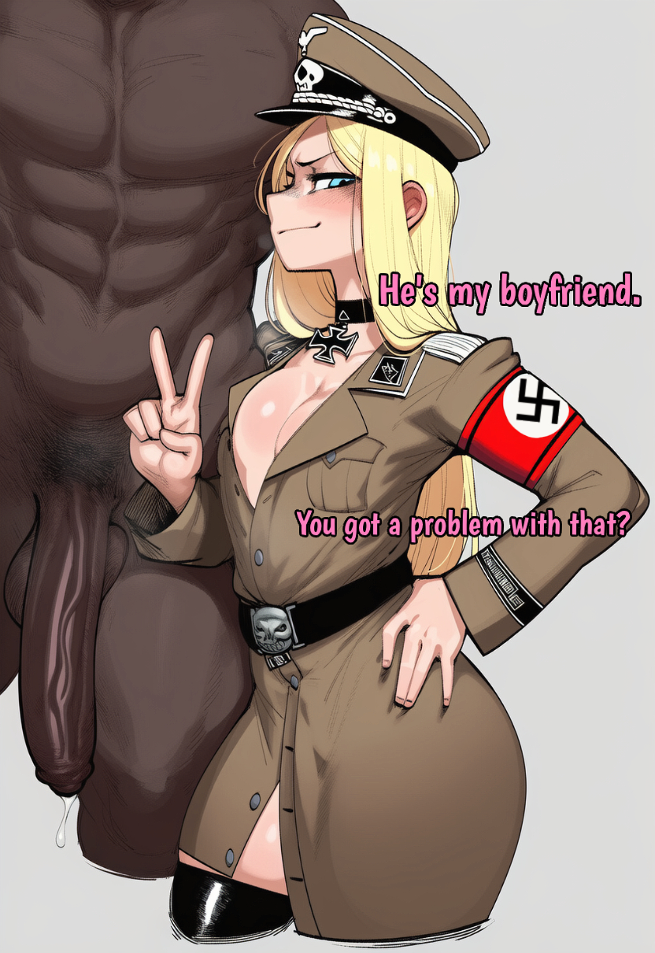 1boy, 1girls, ai generated, big penis, blonde hair, dark skin, dark-skinned male, english text, female, interracial, male, nazi, pringles (artist), text
