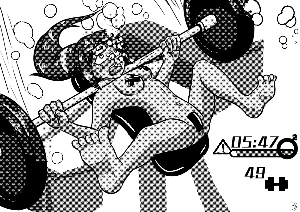 accident asphyxiation bench_press bubbles character_request dark_skin digital_media_(artwork) drowning eyes_rolling_back female_only glasses hud laying_back manga nude pasties ponytail screaming sketch trapped umi underwater unknownlewder weightlifting