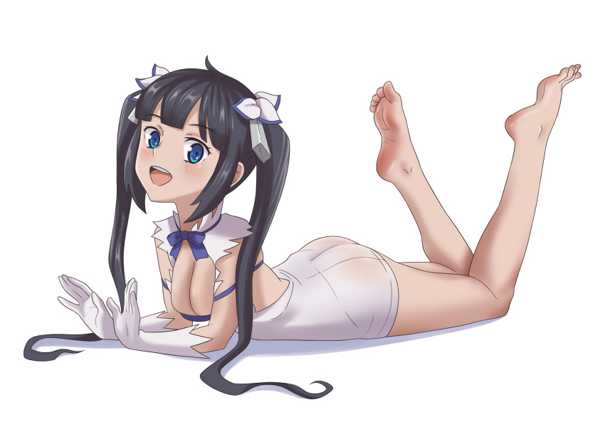 1girls, barefoot, black hair, blue eyes, breasts, dungeon ni deai wo motomeru no wa machigatteiru darou ka, feet, female, female focus, hestia (danmachi), long hair, soles, solo, tagme, toes, twintails