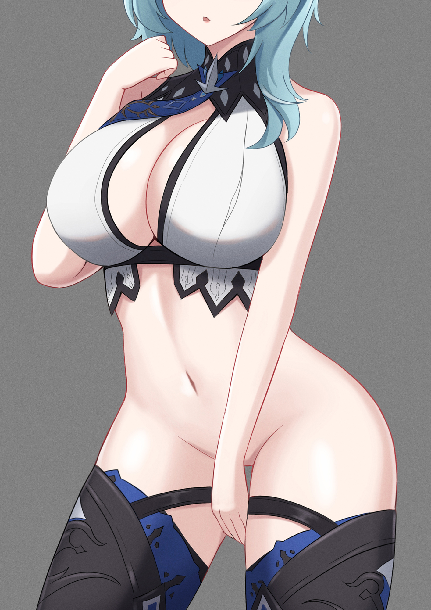 big breasts, blue hair, breasts, convenient censoring, eula (genshin impact), female, genshin impact, grey background, stockings, thick thighs