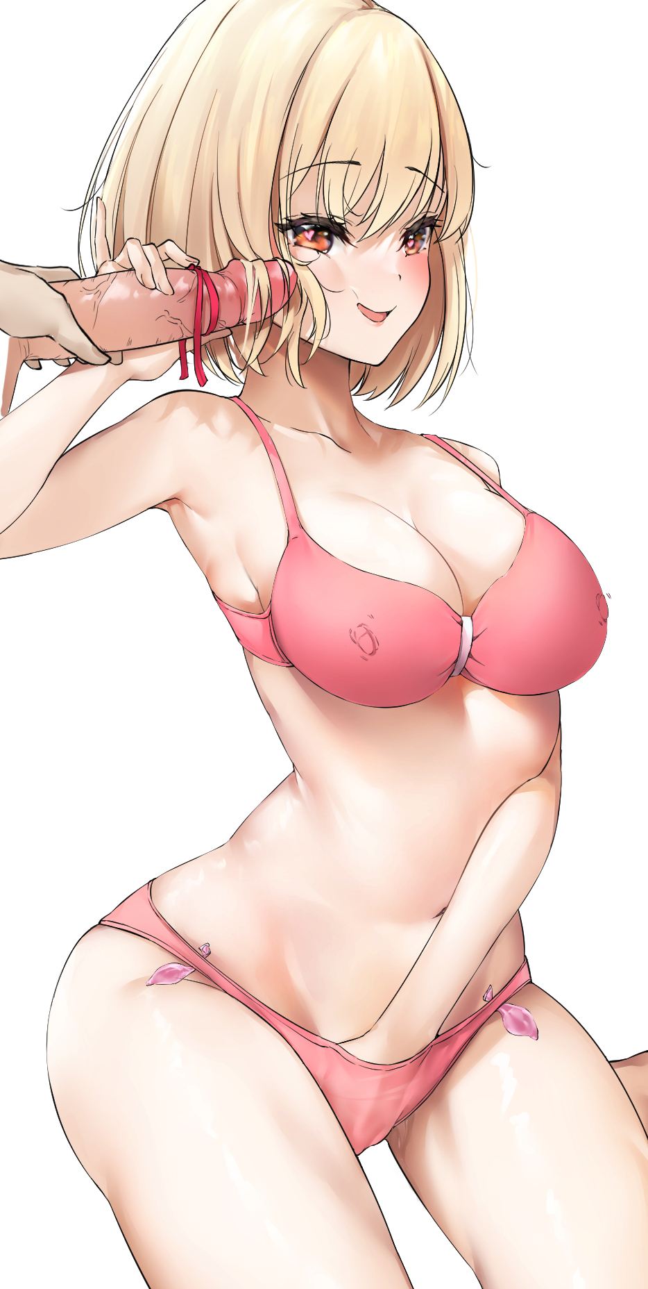 1boy blonde_hair blush bra breasts cleavage collarbone erection female female_masturbation handjob heart heart-shaped_pupils highres lycoris_recoil masturbation medium_breasts medium_hair navel nishikigi_chisato open_mouth orange_eyes panties penis red_ribbon ribbon simple_background sitting smile symbol-shaped_pupils underwear white_background zah_takara