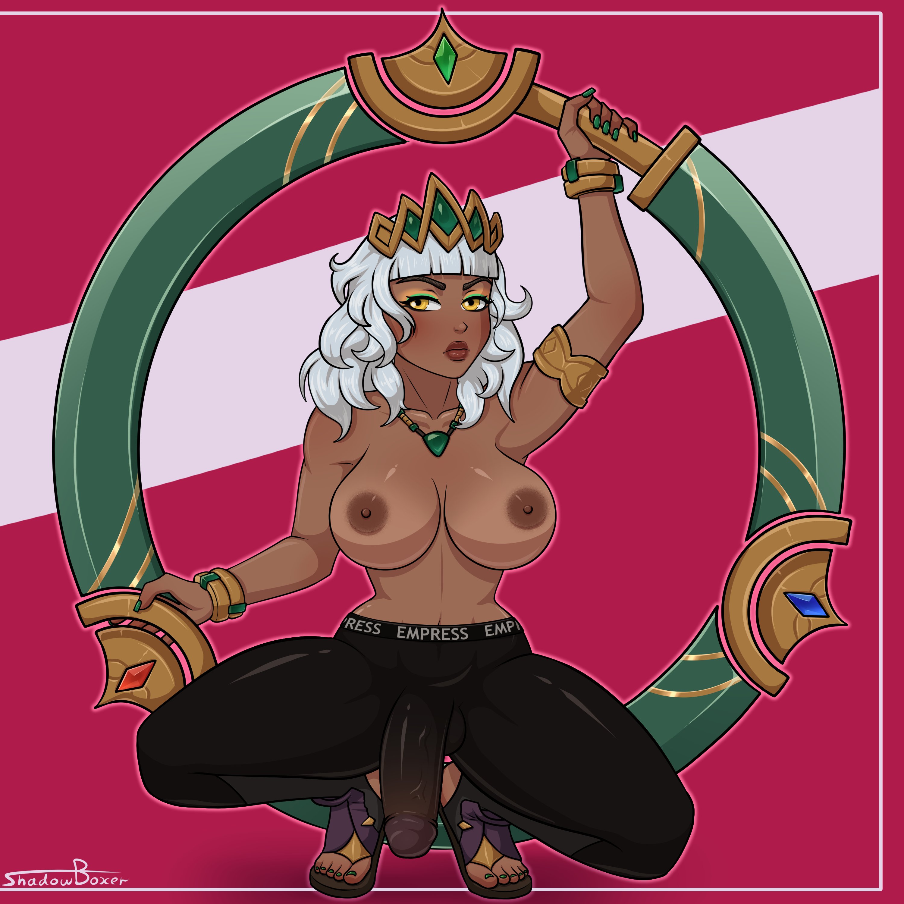 1futa, areolae, balls, big breasts, big penis, breasts, bulge, dark skin, dark-skinned futa, erection under clothes, futa only, futanari, intersex, large breasts, league of legends, nipples, open toe shoes, penis, penis under clothes, qiyana yunalai, shadowboxer, solo, testicles