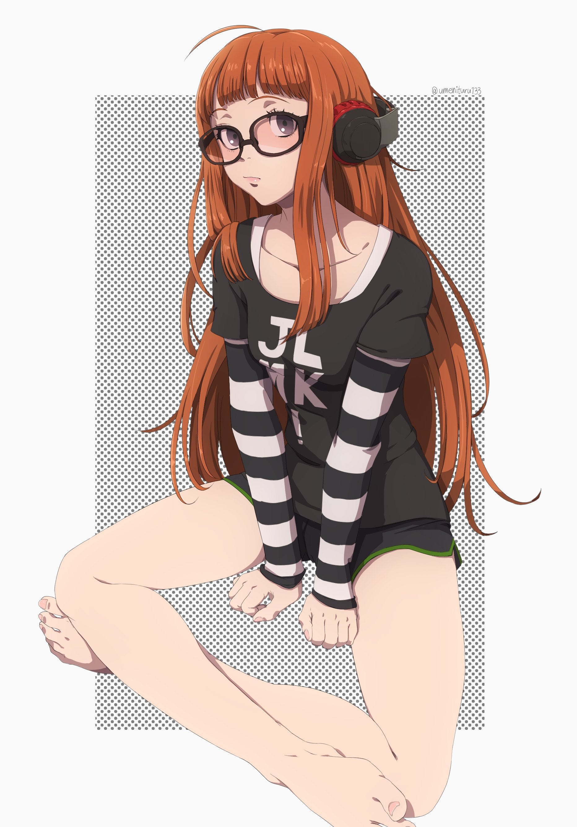 1girls, clothed, feet, female, glasses, headphones, orange hair, painted nails, persona, persona 5, sakura futaba, tagme, umenituru, very long hair