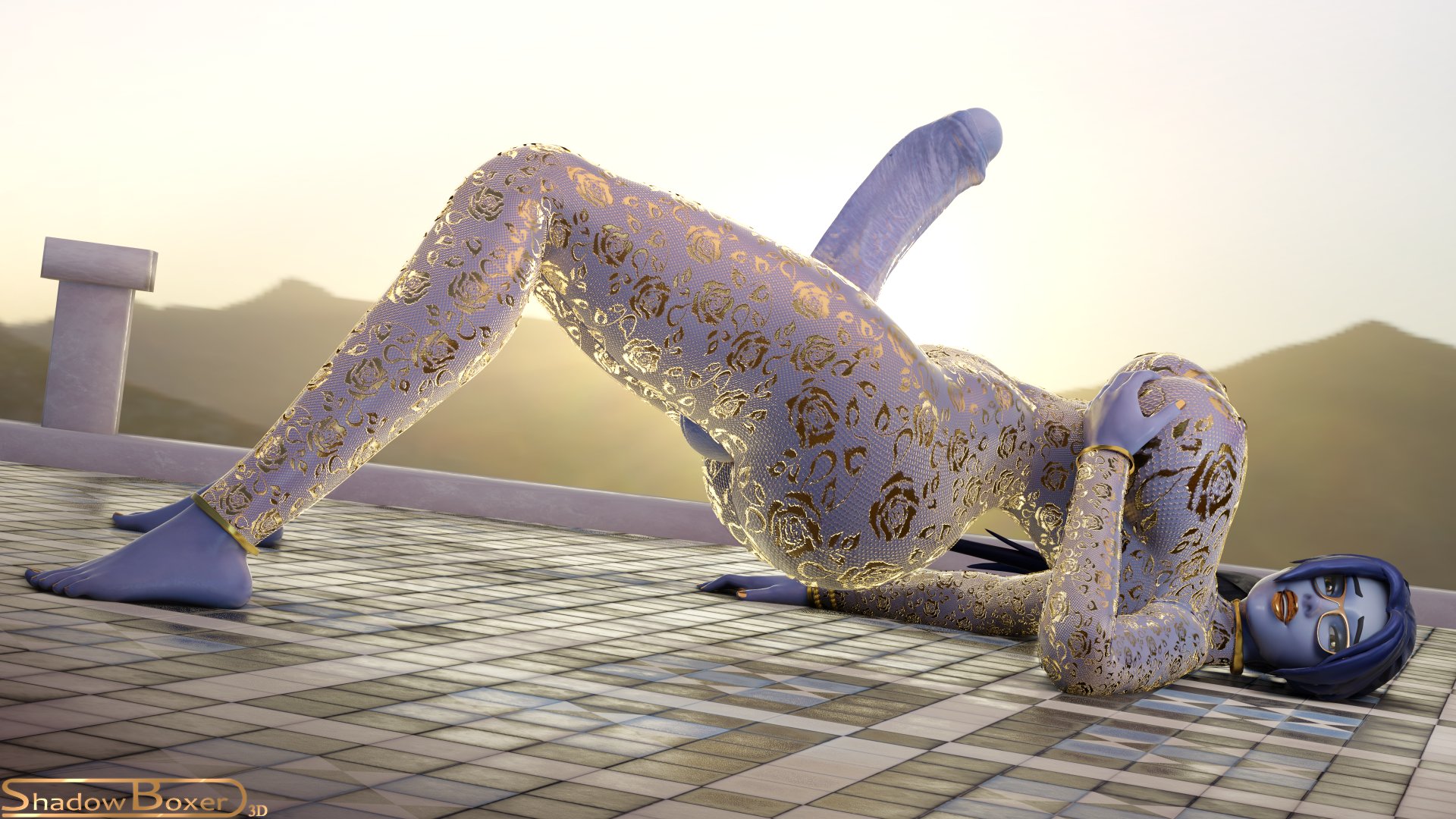 1futa, 3d, balls, blender, breast grab, breasts, cleavage, erection, female, female on futa, futa only, futanari, gold lipstick, gold nail polish, gold nails, gold toenail polish, huge breasts, huge cock, intersex, metallic nail polish, nipples visible through clothing, overwatch, penis, penis cutout, purple skin, shadowboxer, solo, testicles, toenail polish, widowmaker