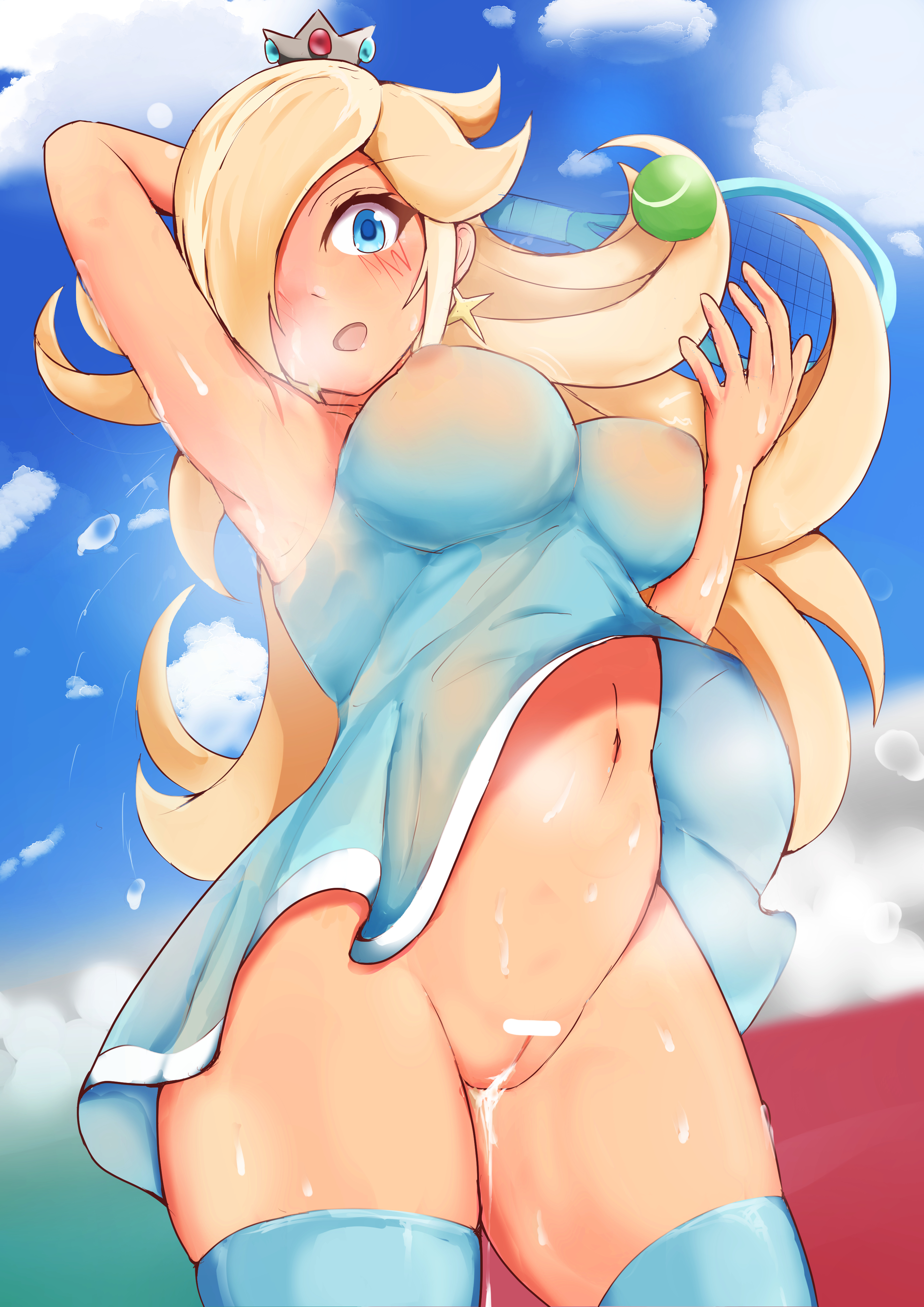1girls, areola, areolae, armpits, ball (object), big breasts, blonde, blonde hair, blue eyes, blue legwear, blue stockings, blush, blushing, blushing at viewer, breasts, censor bar, censored, censored pussy, crown, dark skin, dark-skinned female, detailed background, earrings, eyebrows, eyebrows visible through hair, eyelashes, female, female focus, female only, hair over one eye, hands behind head, impossible fit, jaburo moku, leggings, legwear, long hair, looking at viewer, mario (series), mario tennis, navel, nintendo, open mouth, outdoors, outside, plump, princess, princess rosalina, pussy, pussy juice, pussy juice drip, pussy juice string, pussy juice trail, see-through, see-through clothing, see-through top, shiny, shiny hair, shiny skin, skin tight, skindentation, skintight, steam, steaming body, stockings, stomach, sweat, sweatdrop, sweaty belly, sweaty breasts, sweaty genitalia, sweaty thighs, tan, tan body, tan skin, tanned, tanned skin, tennis, tennis ball, tennis court, tennis racket, tennis uniform, thick, thick legs, thick thighs