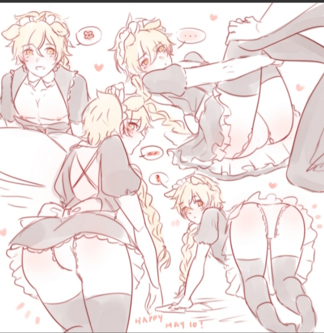 1boy, aether (genshin impact), ass, blonde hair, braided hair, cat ears, dog ears, ear piercing, femboy, gay, genshin impact, hair ornament, long hair, maid headdress, maid uniform, male, male focus, male only, no shoes, panties, pantyshot, stockings, thighhighs, thighs, twink, upskirt, yaoi