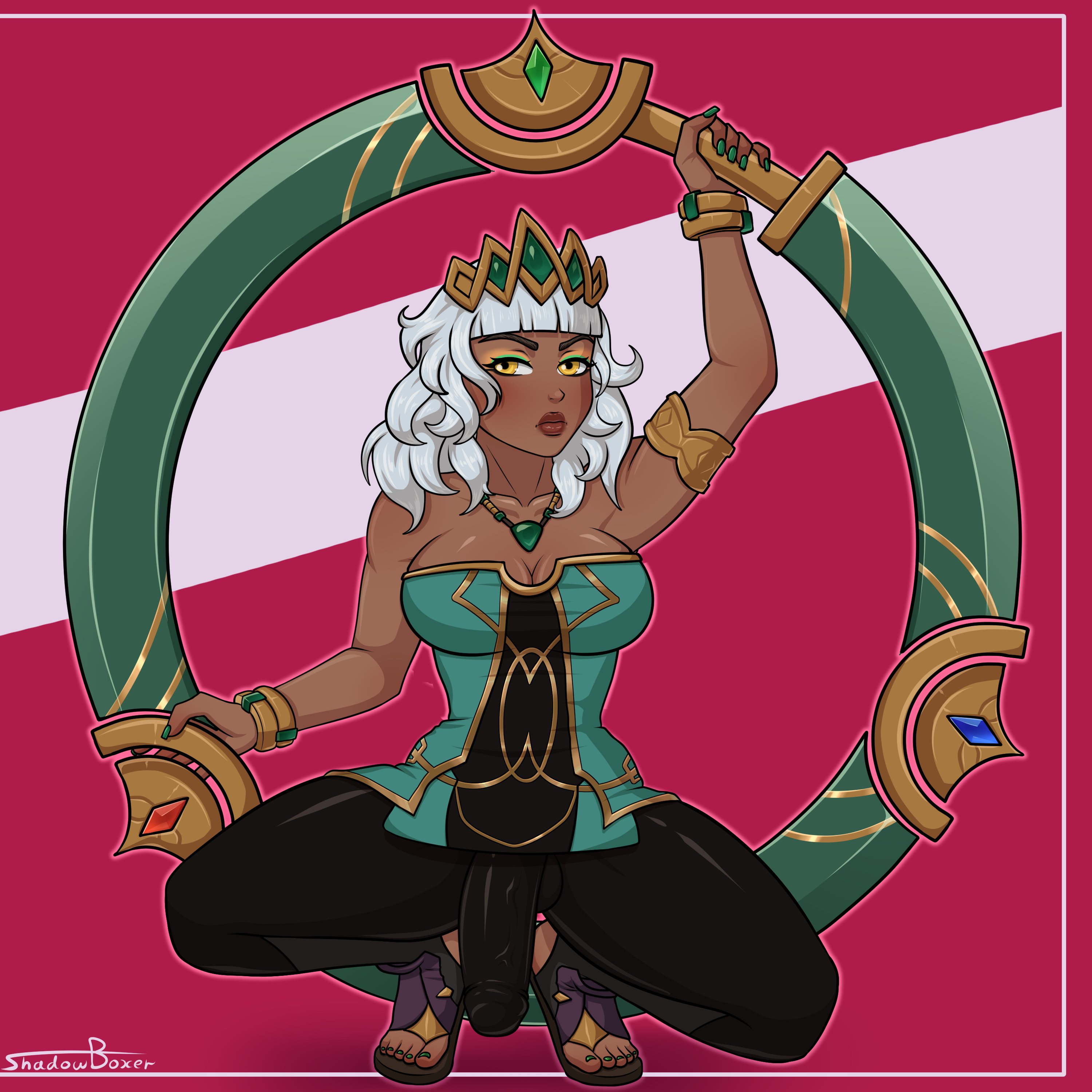 1futa, balls, big breasts, big penis, breasts, bulge, dark skin, dark-skinned futa, erection under clothes, futa only, futanari, intersex, large breasts, league of legends, open toe shoes, penis, penis under clothes, qiyana yunalai, shadowboxer, solo, testicles