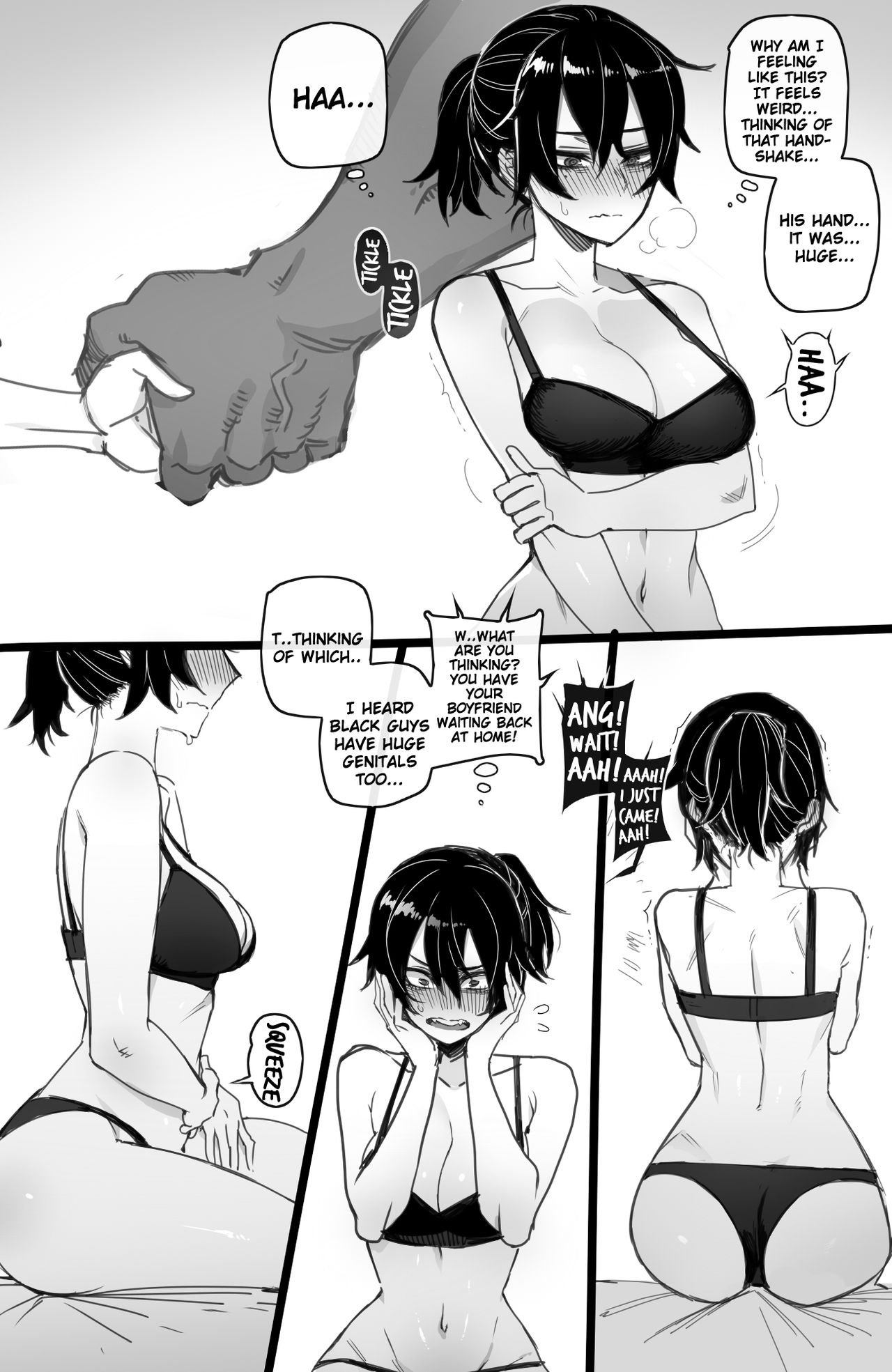 1boy, 1girls, alex (ratatatat74), dark skin, dark-skinned male, english text, female, interracial, lingerie, male, monochrome, original, ratatatat74, size difference, text