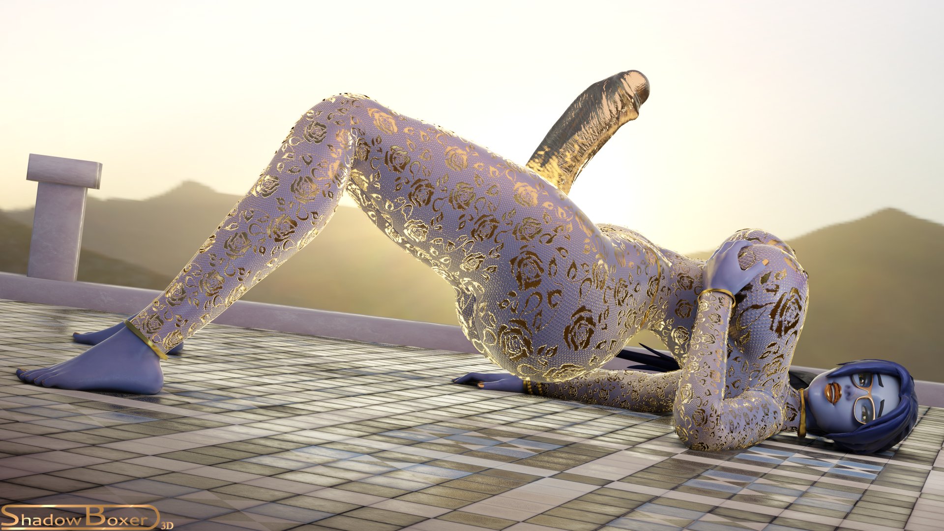 1futa, 3d, blender, breasts, cleavage, erection, feet, futa only, futanari, huge breasts, intersex, overwatch, penis, purple skin, shadowboxer, solo, solo futa, strap-on, strapon, widowmaker