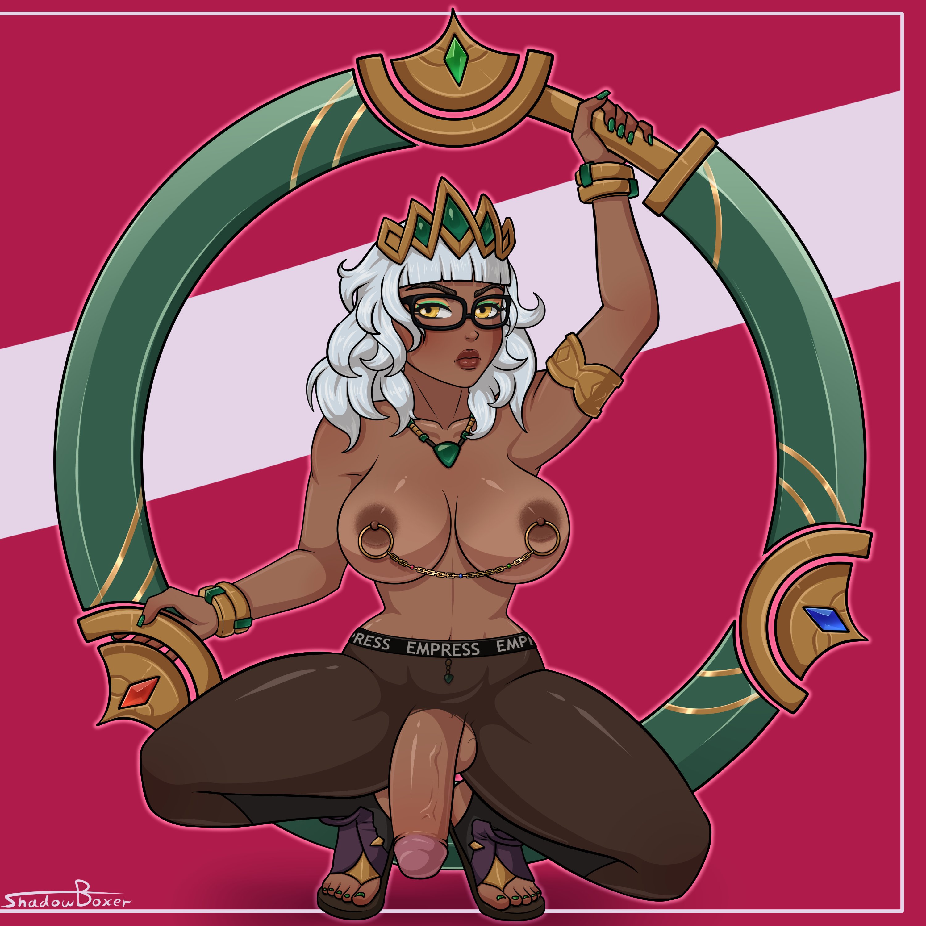 1futa, balls, big breasts, big penis, breasts, dark skin, dark-skinned futa, futa only, futanari, intersex, large breasts, league of legends, nipple piercing, nipples, open toe shoes, penis, piercing, qiyana yunalai, shadowboxer, solo, testicles