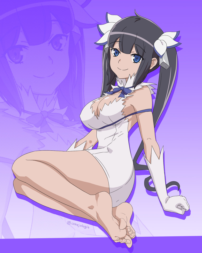1girls, barefoot, black hair, blue eyes, breasts, dungeon ni deai wo motomeru no wa machigatteiru darou ka, feet, female, female focus, hestia (danmachi), long hair, solo, tagme, twintails
