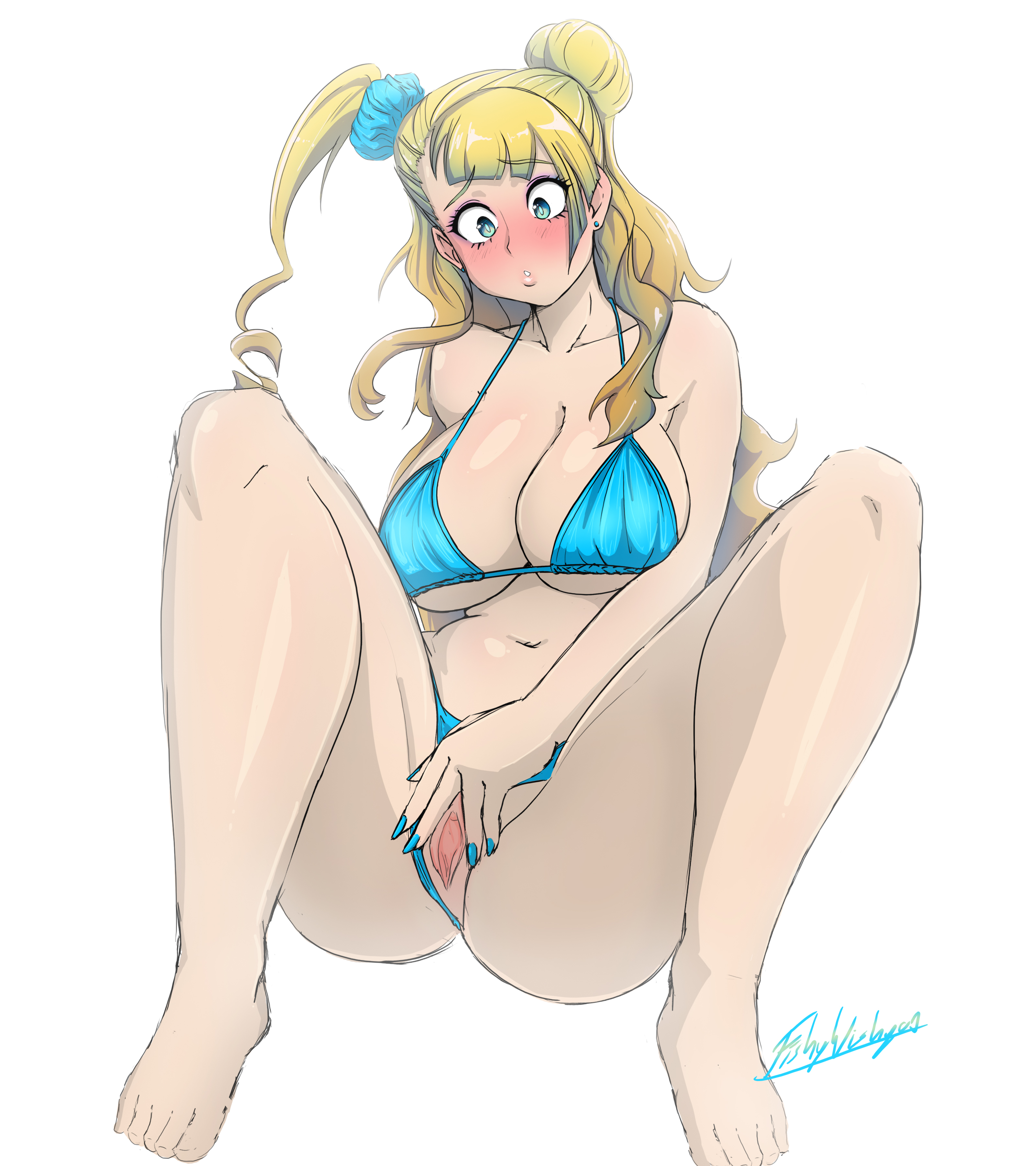 1girls, bikini, blonde hair, blush, breasts, cleavage, earrings, female, female only, fishywishy, galko, green eyes, gyaru, kogal, large breasts, long hair, looking down, nail polish, navel, oshiete! galko-chan, pussy, shy, sitting, solo, spread pussy, spreading, spreading pussy, white background