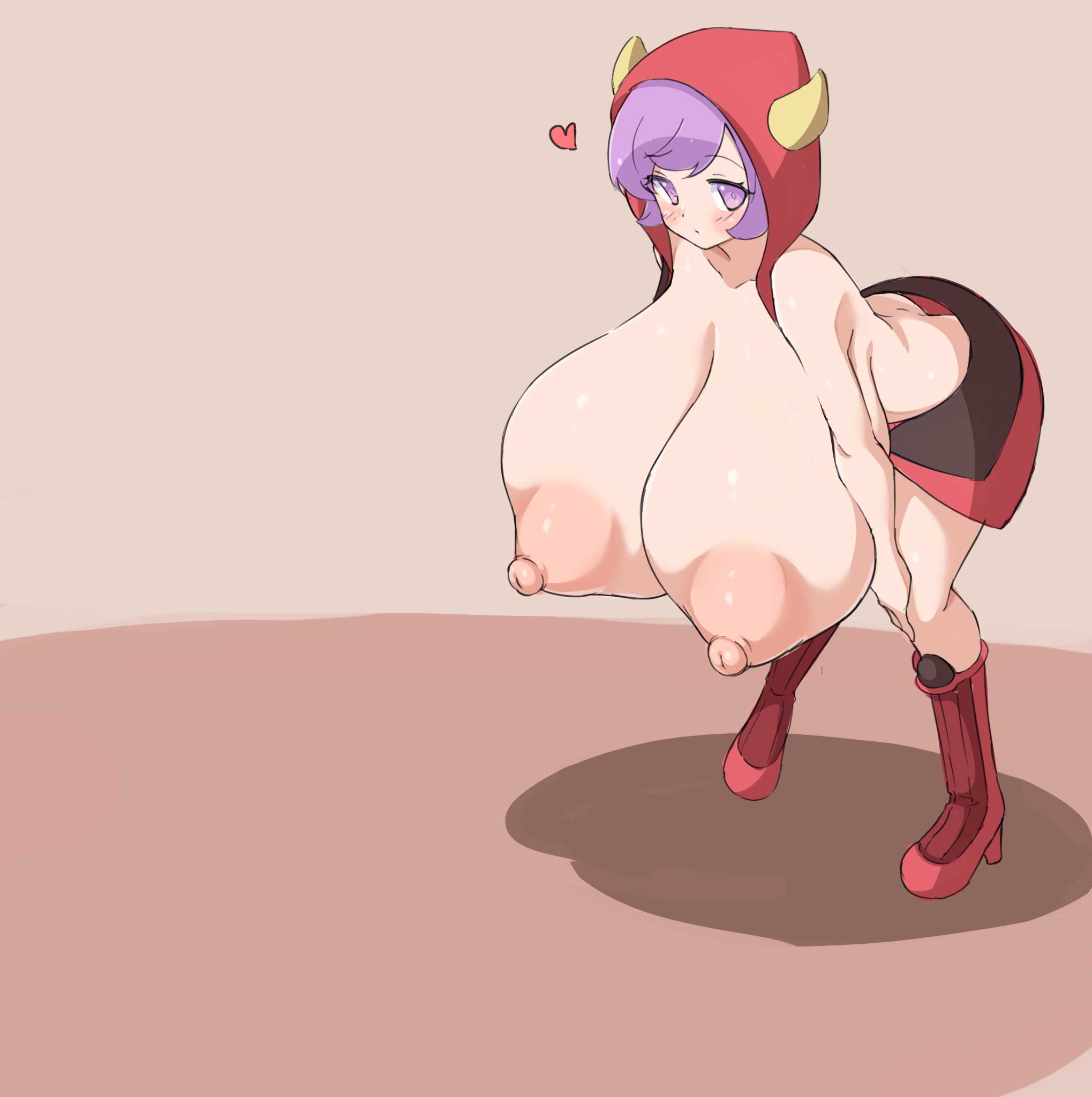 1girls, alternate breast size, areolae, bangs, bent over, big breasts, blush, boots, breast expansion, breast growth, breast growth (enlargement), breasts, collarbone, courtney (pokemon), erect nipples, eyebrows visible through hair, eyelashes, fake horns, female, female only, heart, hood, hoodie, horns, huge breasts, human, human only, large nipples, looking at viewer, nintendo, nipples, pokemon, pokemon oras, pokemon rse, puffy nipples, purple eyes, purple hair, sabonbold, short hair, solo, solo female, standing, tagme, team magma, topless