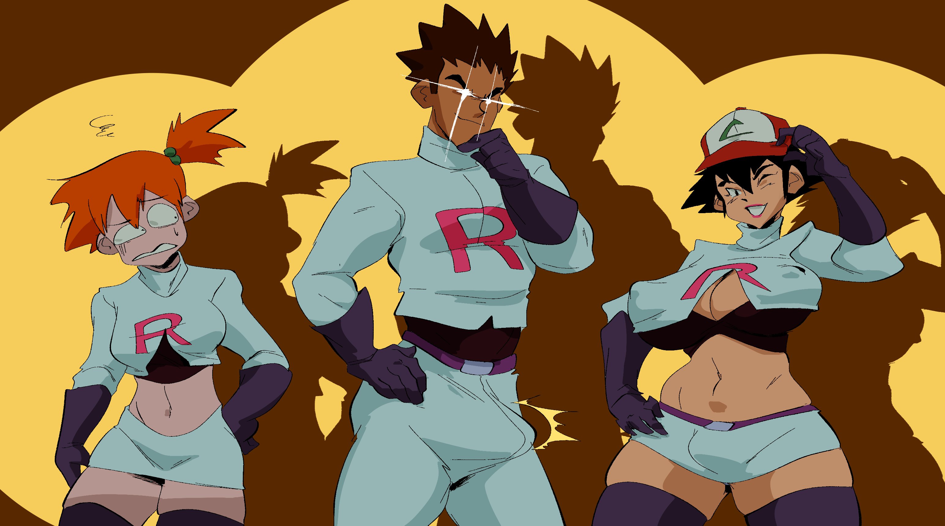 1boy, 1futa, 1girls, ash ketchum, big breasts, boner, breasts, brock (pokemon), bulge, cleavage, cosplay, enemy conversion, female, futanari, game freak, human, human only, intersex, kasumi (pokemon), male, midriff, misty (pokemon), multiple females, multiple girls, nintendo, pokemon, pokemon rgby, rule 63, satoshi (pokemon), slb, team rocket, team rocket uniform