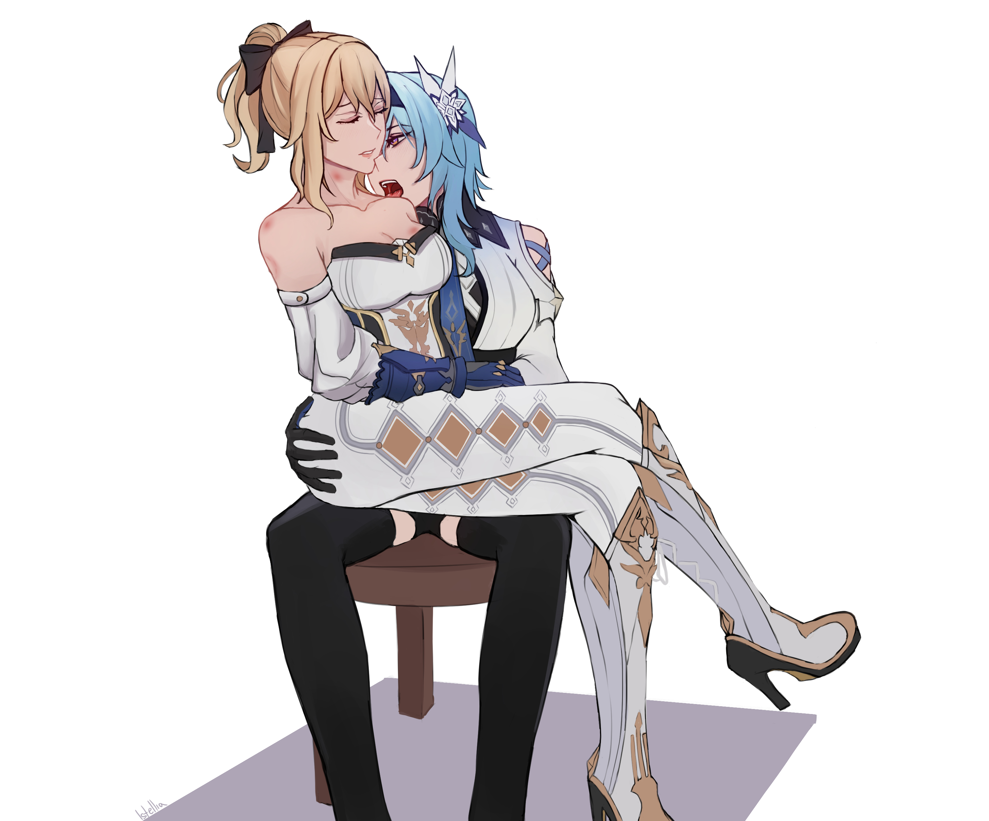 2girls, ass, ass grab, blonde hair, blue hair, boots, breasts, chair, closed eyes, clothed, crossed legs, eula (genshin impact), female, female only, genshin impact, heel boots, hi res, hickey, high heel boots, high heels, jean gunnhildr, kiss mark, lesbian focus, open mouth, pants, ponytail, sitting, sitting on lap, thigh boots, thighhigh boots, thighhighs, white pants, yuri