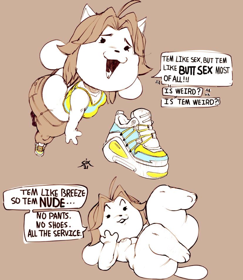 ass ass_cleavage big_ass bottom_heavy breasts butt_crack dialogue digital_media_(artwork) english_text hand_on_head huge_ass jeans laying_down laying_on_back legs_up no_background nude shirt shortstack signature sixsidesofmyhead small_breasts smaller_female temmie_(undertale) tight_clothing top_down_view undertale