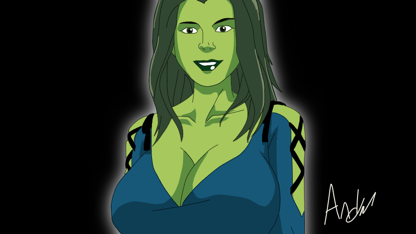 1girls andru2000 artist_name artist_signature big_breasts black_background cleavage dress female female_only fully_clothed green_body green_hair green_lips green_skin huge_breasts hulk_(series) large_breasts marvel marvel_animated_universe marvel_comics she-hulk solo upper_body upper_body_focus