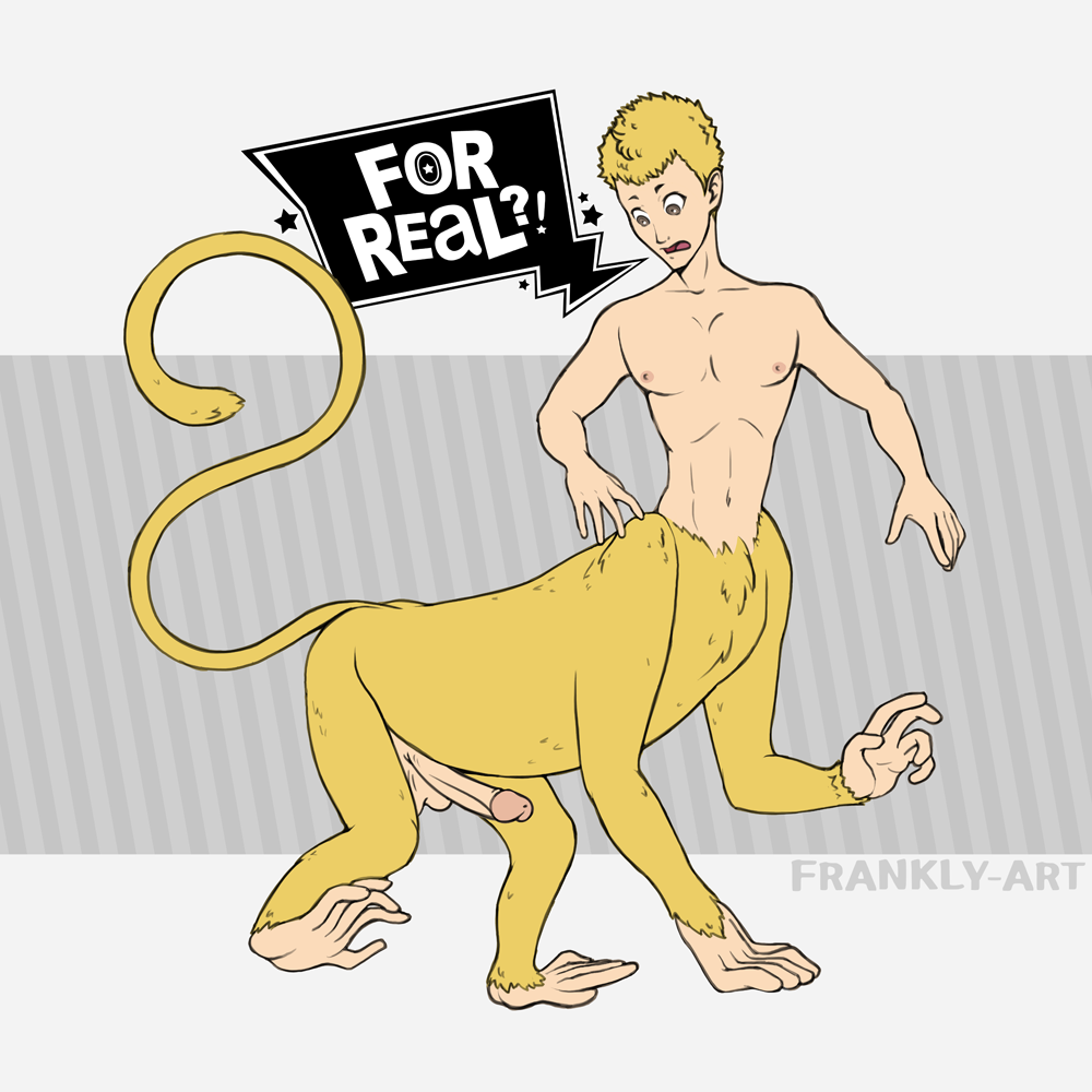 1boy after_transformation atlus comic frankly-art haplorhine male male_focus male_only mammal megami_tensei monkey monkey_boy monkey_feet monkey_taur muscular muscular_male navel nipples pecs persona persona_(disambiguation) persona_5 prehensile_feet prehensile_tail primate ryuji_sakamoto solo solo_focus solo_male taur text toned toned_male transformation video_games waist