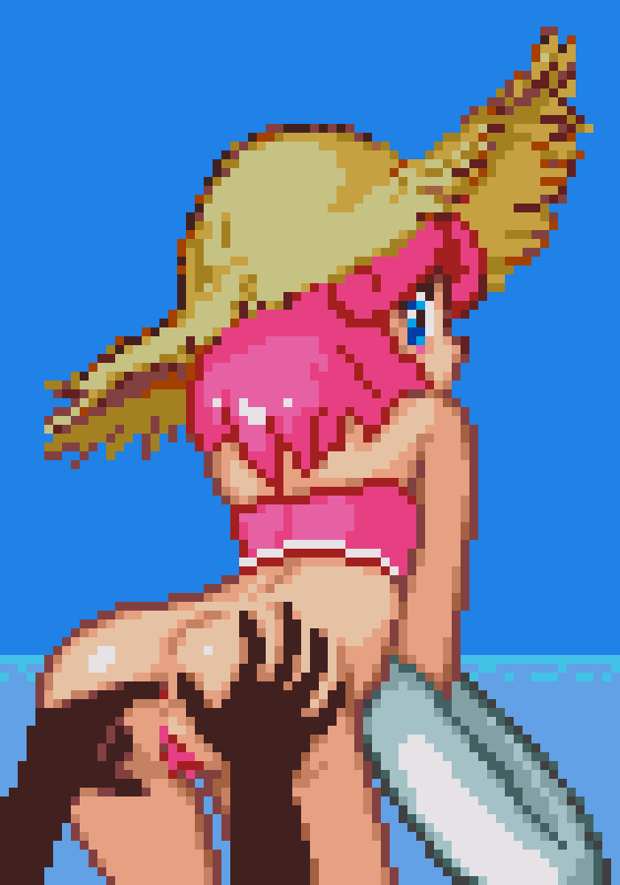 2021 anal anal_insertion ass ass ass_grab back back_view blue_eyes blush female female_focus fingering hair insertion konami looking_back male mostly_nude offscreen_character pastel_(twinbee) pink_hair pixel_art pool_toy pussy saiwai_hiroshi straw_hat swimwear twinbee vagina video_games