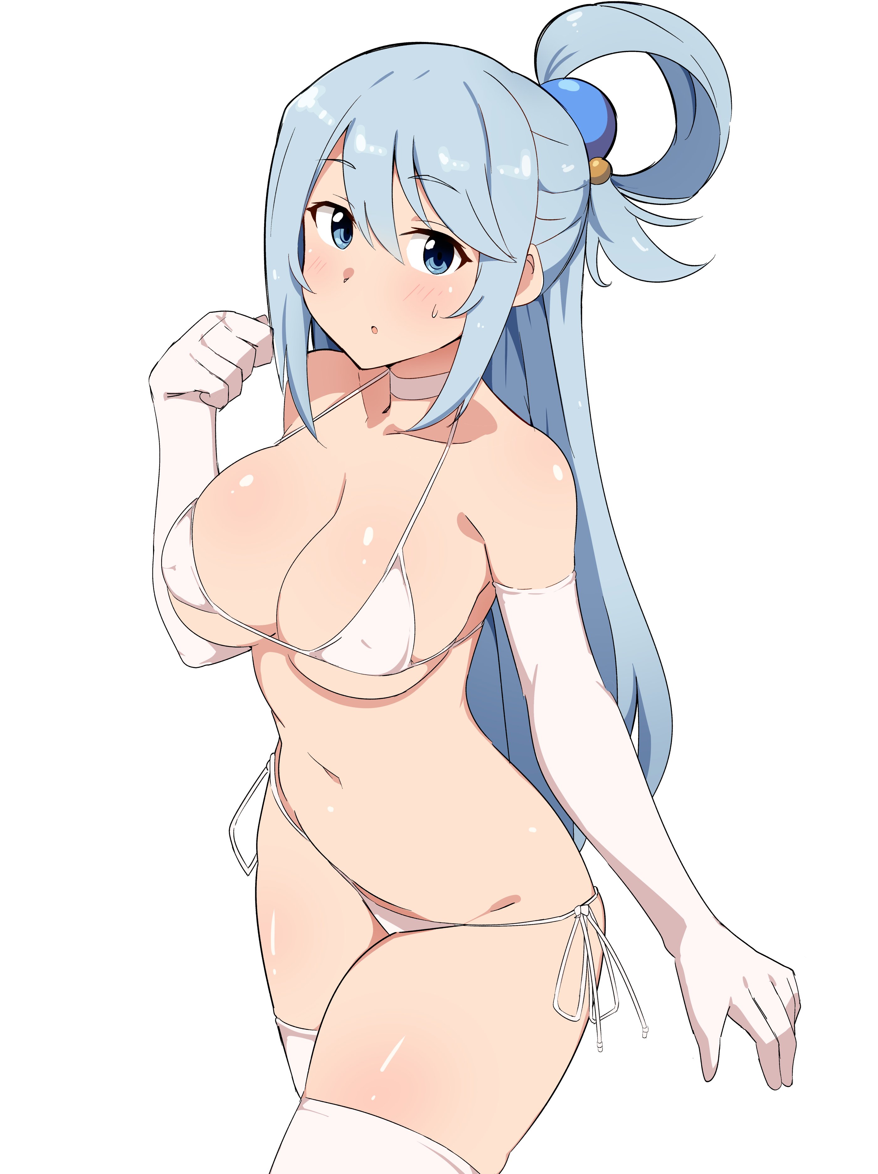 aqua (konosuba), big breasts, blue eyes, blue hair, breasts, covered breasts, covered nipples, female, female only, gloves, kono subarashii sekai ni shukufuku wo!, looking at viewer, seihekiog, stockings, thick thighs, thighhighs, white stockings
