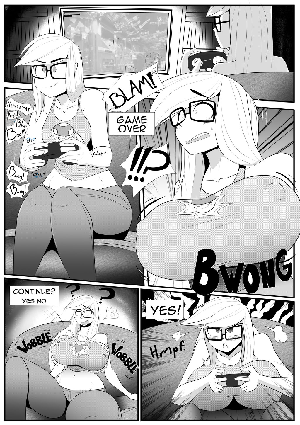 1girls big_breasts bouncing_breasts breast_expansion breasts comic eimmikha game_controller gamer_girl huge_breasts inori_(samyuu) motion_lines nipple_bulge original original_character solo solo_female vale-city