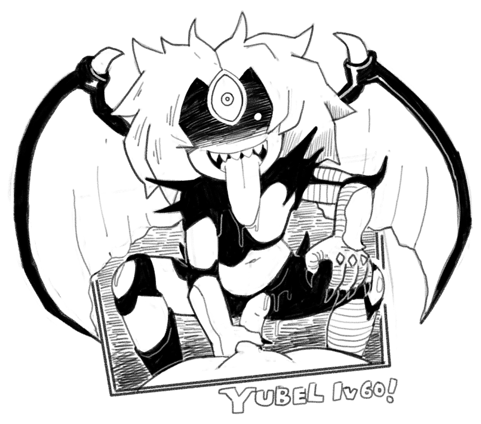 3_eyes belly_button character_name claws demon demon_wings dogmalord faceless_male female grabbing_penis multi_eye saliva sharp_teeth tongue_out torn_clothes wings yu-gi-oh! yu-gi-oh!_gx yubel