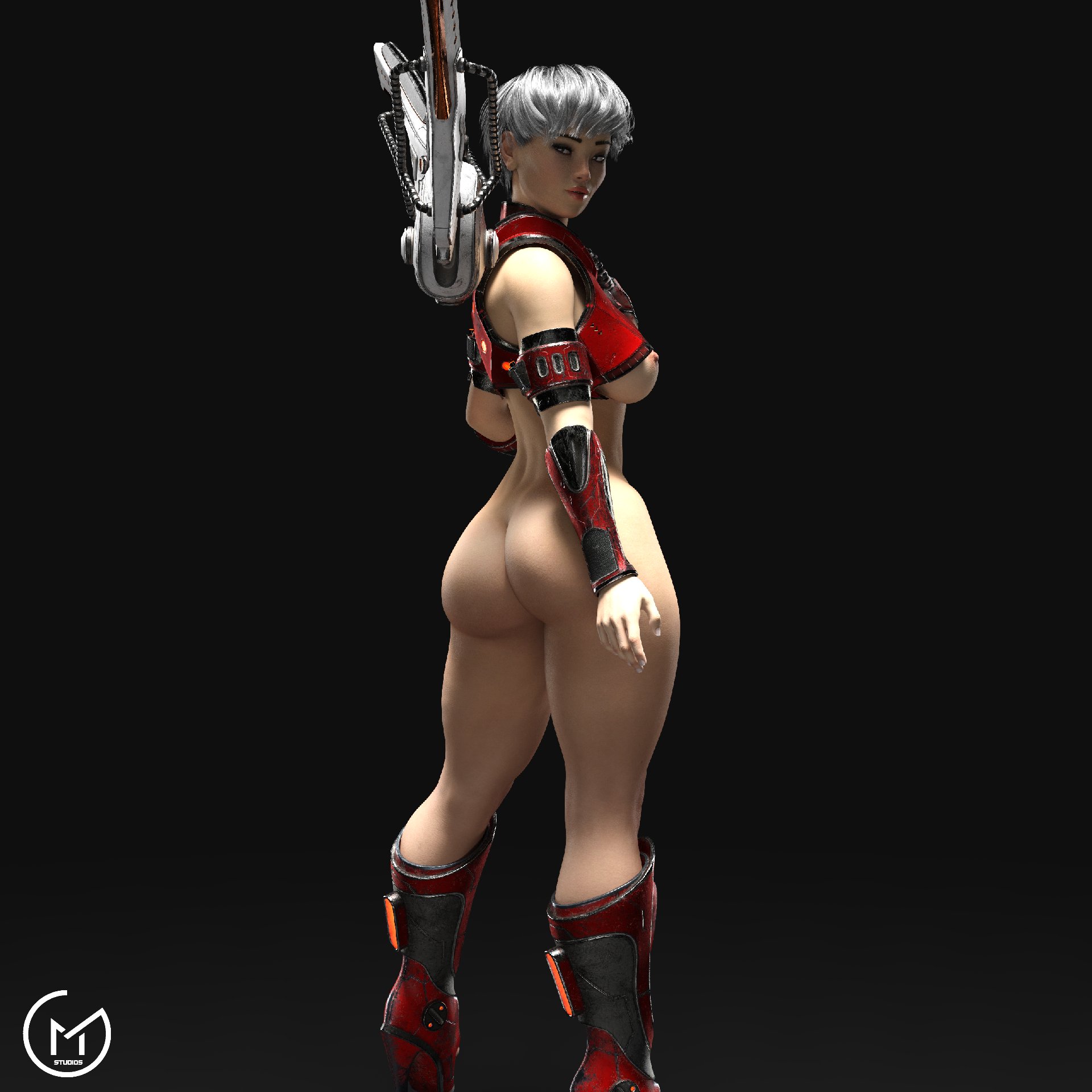1girls, 3d, apex legends, areolae, ass, big ass, bottomless, breasts, female, female only, gm studios, looking at viewer, looking back, nipples, no eyewear, short hair, solo, valkyrie (apex legends), white hair