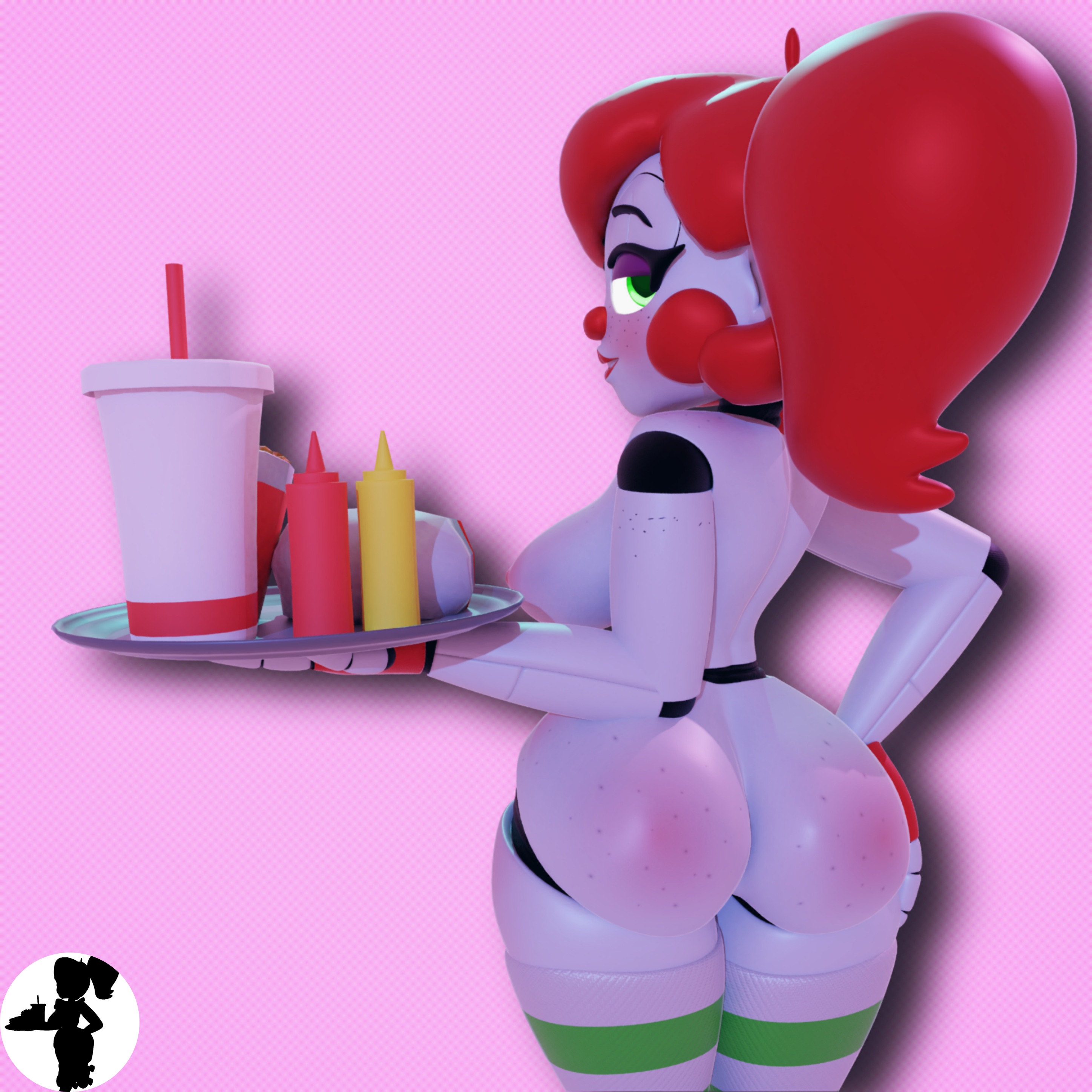 1girls, 3d, anthro, ass, baby (fnafsl), big ass, big butt, breasts, circus baby, circus baby (fnaf), fat ass, female, five nights at freddy's, food, naked, robot, robot girl, sister location, so87baby, solo, solo female, summer of 87 baby