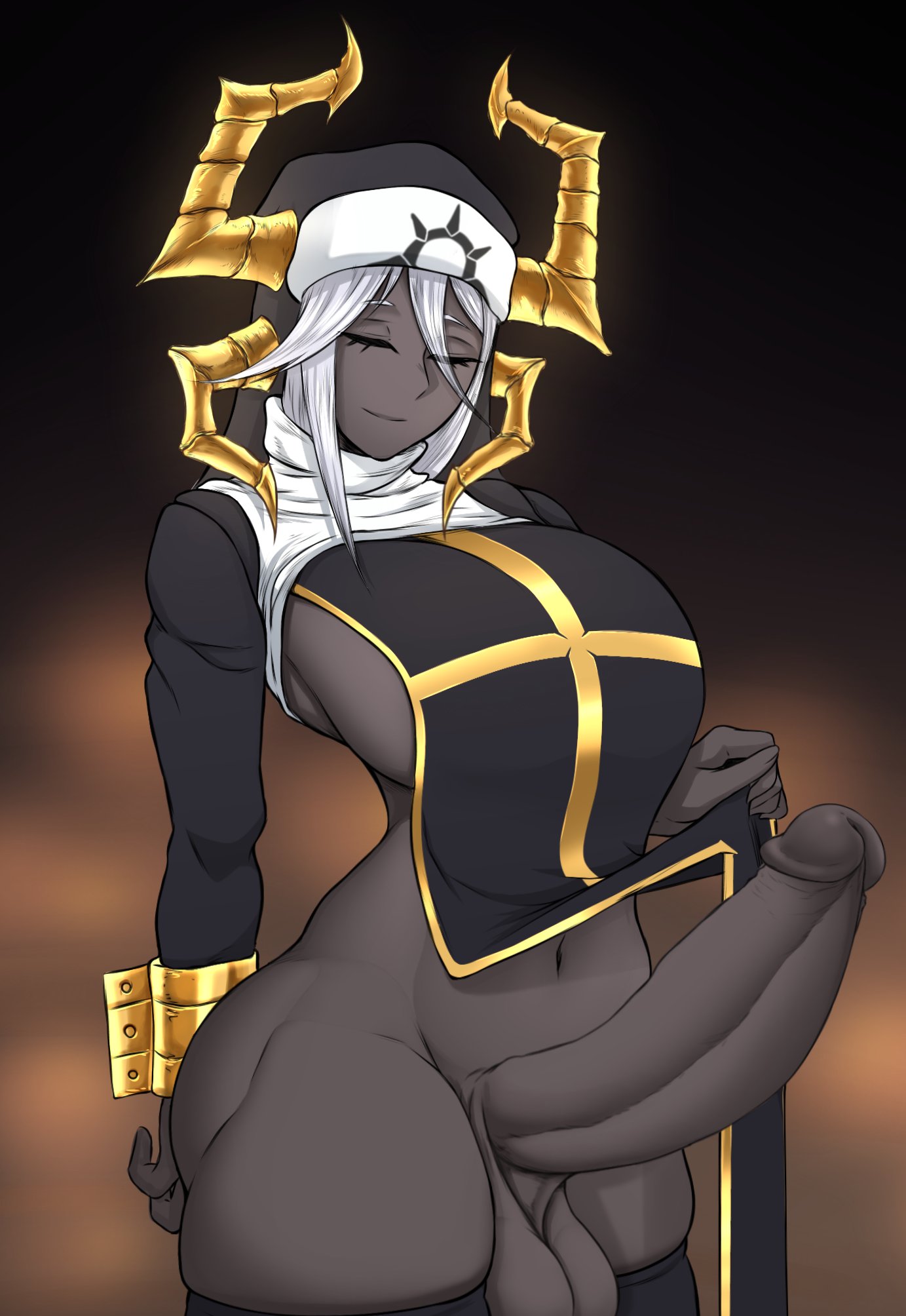 1futa, balls, big breasts, bottomless, breasts, clothed, clothing, dark skin, dark-skinned futa, erection, futa only, futanari, grey body, grey skin, horns, huge cock, humanoid, humanoid penis, intersex, large breasts, nun, nun's habit, partially clothed, penis, skindentation, solo, standing, testicles, thick thighs, thighhighs, vicsenpai, wide hips