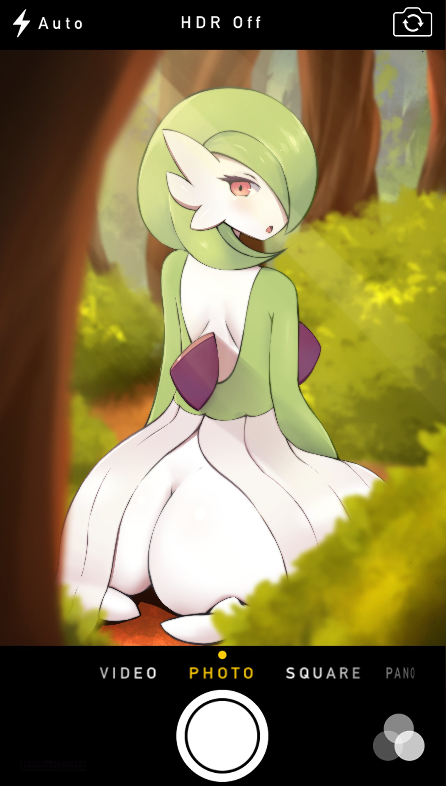 ambiguous gender, androgynous, ass, blush, bob cut, bushes, camera, colored skin, curvaceous, dress, feet, forest, fraankyy, from behind, gardevoir, gen 3 pokemon, green hair, green skin, hair over one eye, high resolution, looking at viewer, looking back, nature, open mouth, outdoors, pokémon (species), pokemon, pokemon (species), pokemon species, red eyes, short hair, sitting, sitting on floor, solo focus, taking picture, thick thighs, thighs, tongue, very high resolution, white dress, white skin, wide hips