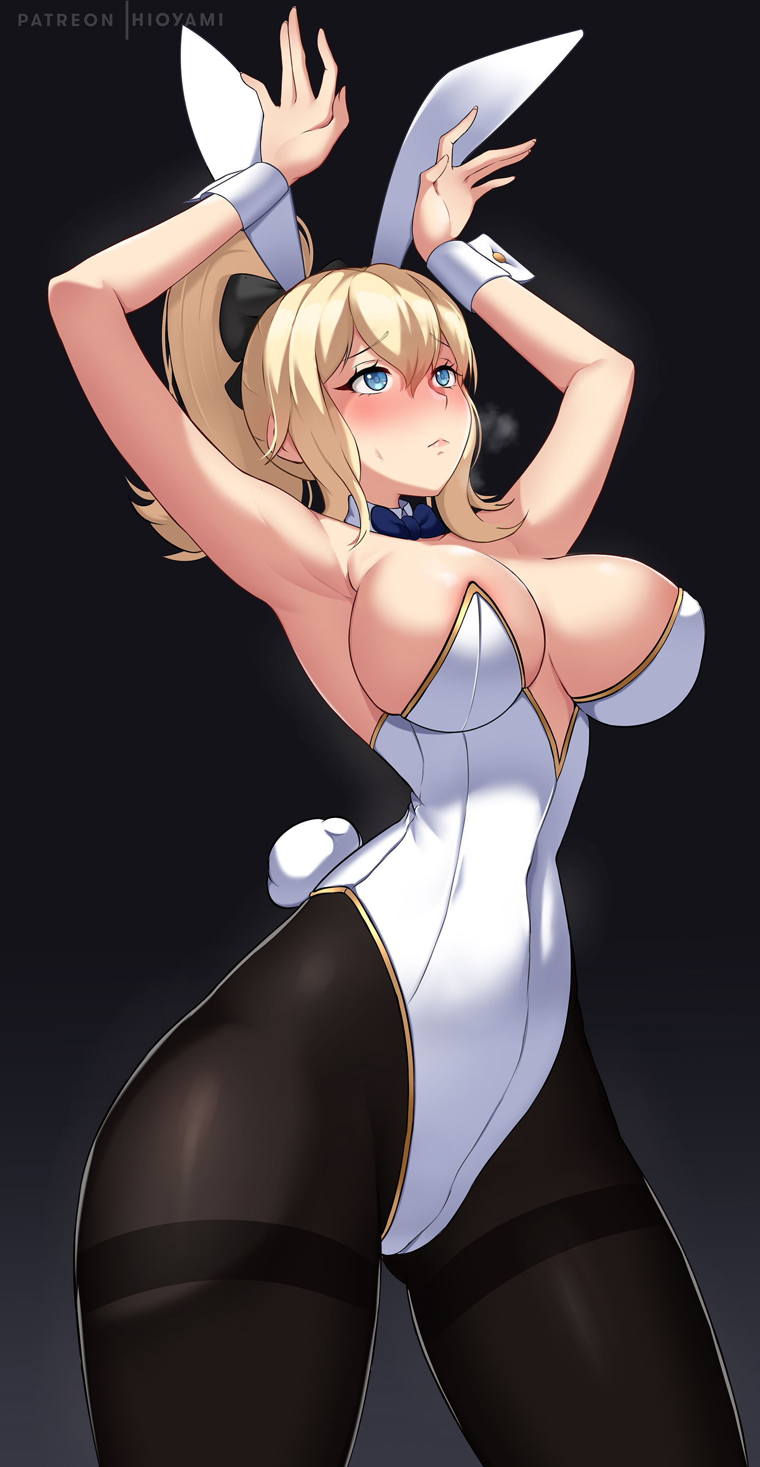 1girls, armpits, big breasts, black background, blonde hair, blue eyes, blush, breasts, bunny ears, bunnysuit, female, genshin impact, hioyami, jean gunnhildr, large breasts, leotard, long hair, pantyhose, solo, standing, thick thighs, thighs