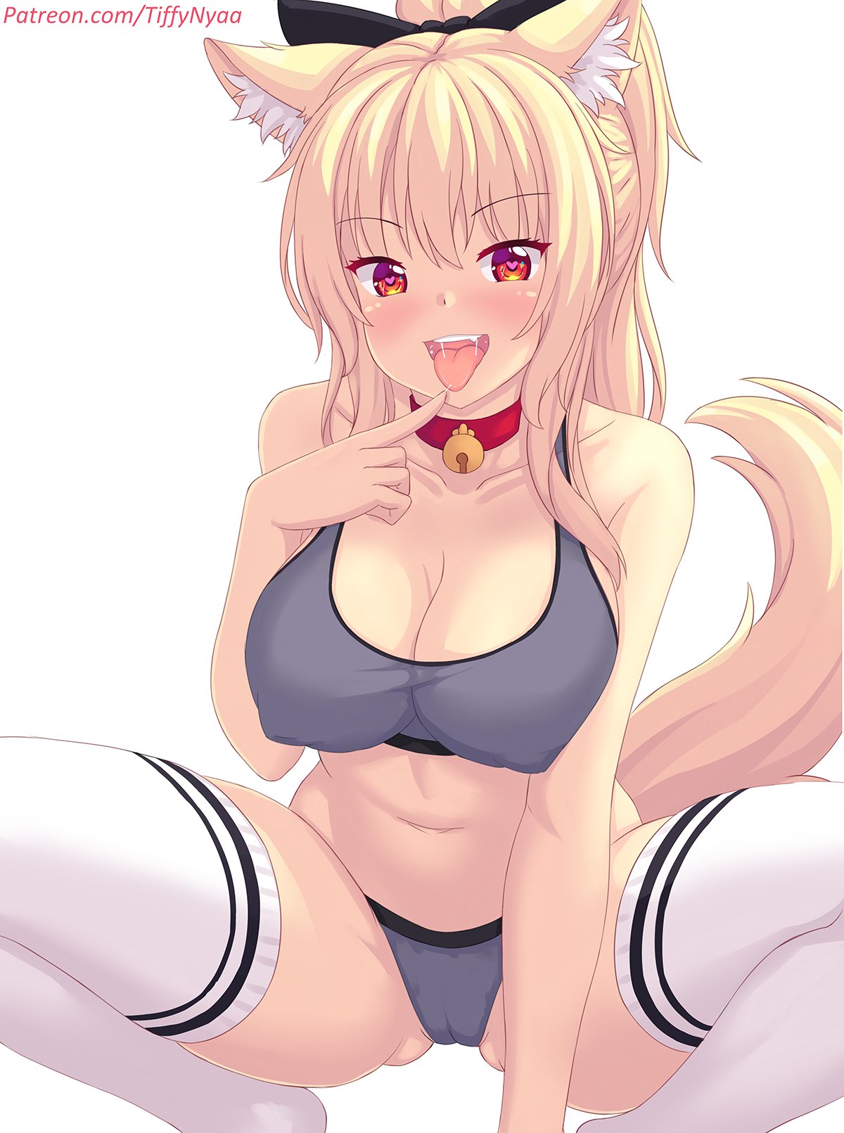 1girls, animal ears, bell collar, big breasts, blonde hair, blush, breasts, cameltoe, cleavage, clothing, collar, erect nipples under clothes, female, furry, grey panties, hairbow, heart-shaped pupils, large breasts, navel, original, panties, ponytail, pussy, red eyes, saliva, skimpy, solo, solo female, spread legs, squatting, tagme, tail, thighhighs, tiffy, tiffynyaa, tongue, tongue out, workout clothes