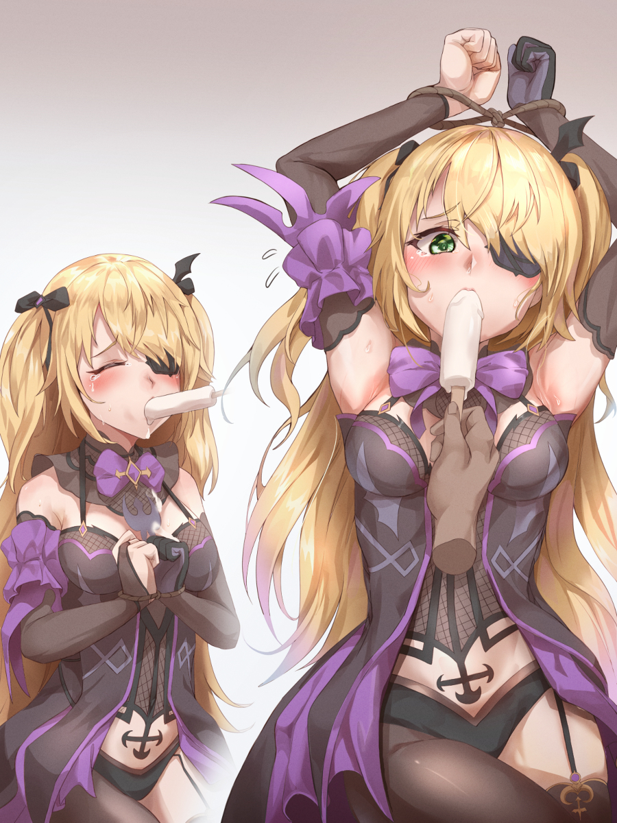 1girls, blonde hair, bondage, crying, eyepatch, female, fischl (genshin impact), food, garter straps, genshin impact, green eyes, hands behind head, hands up, humiliation, popsicle, rope, rope bondage, tears, twintails
