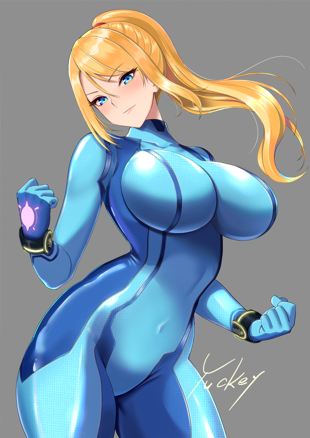 1girls, 5 fingers, alternate breast size, ass, big ass, big breasts, blonde hair, blue eyes, bodysuit, breasts, clenched hands, covered navel, cute, eyebrows, eyelashes, female, female only, fully clothed, grey background, hips, huge breasts, human, human only, humanoid, large breasts, looking at viewer, metroid, nintendo, samus aran, signature, simple background, solo, solo female, text, thick, thick thighs, thighs, watermark, wide hips, yuckey, zero suit, zero suit samus