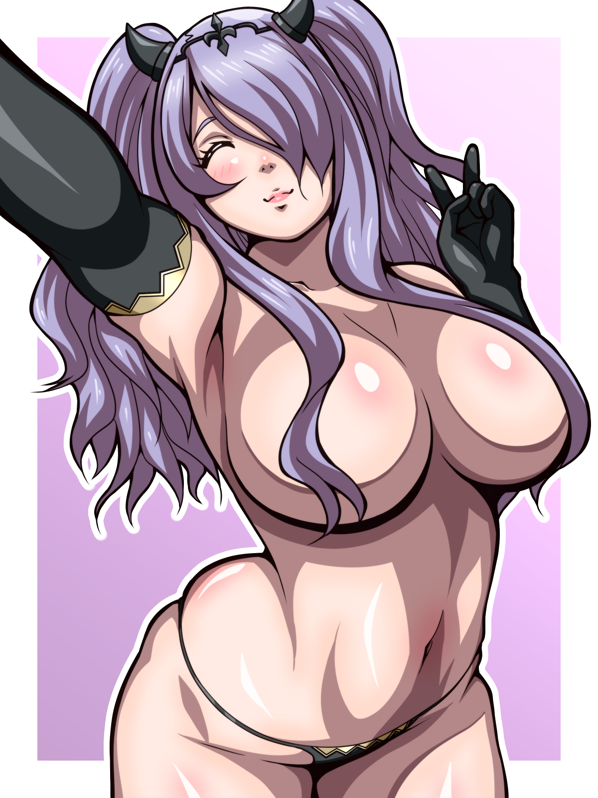 1girls, alternate hairstyle, black panties, breasts, camilla (fire emblem), closed eyes, convenient censoring, covered nipples, elbow gloves, facing viewer, female, fire emblem, fire emblem fates, gloves, horns, inabakun00, large breasts, long hair, nintendo, panties, plump, purple hair, selfie, smile, solo, solo female, string panties, twintails, v, wavy hair