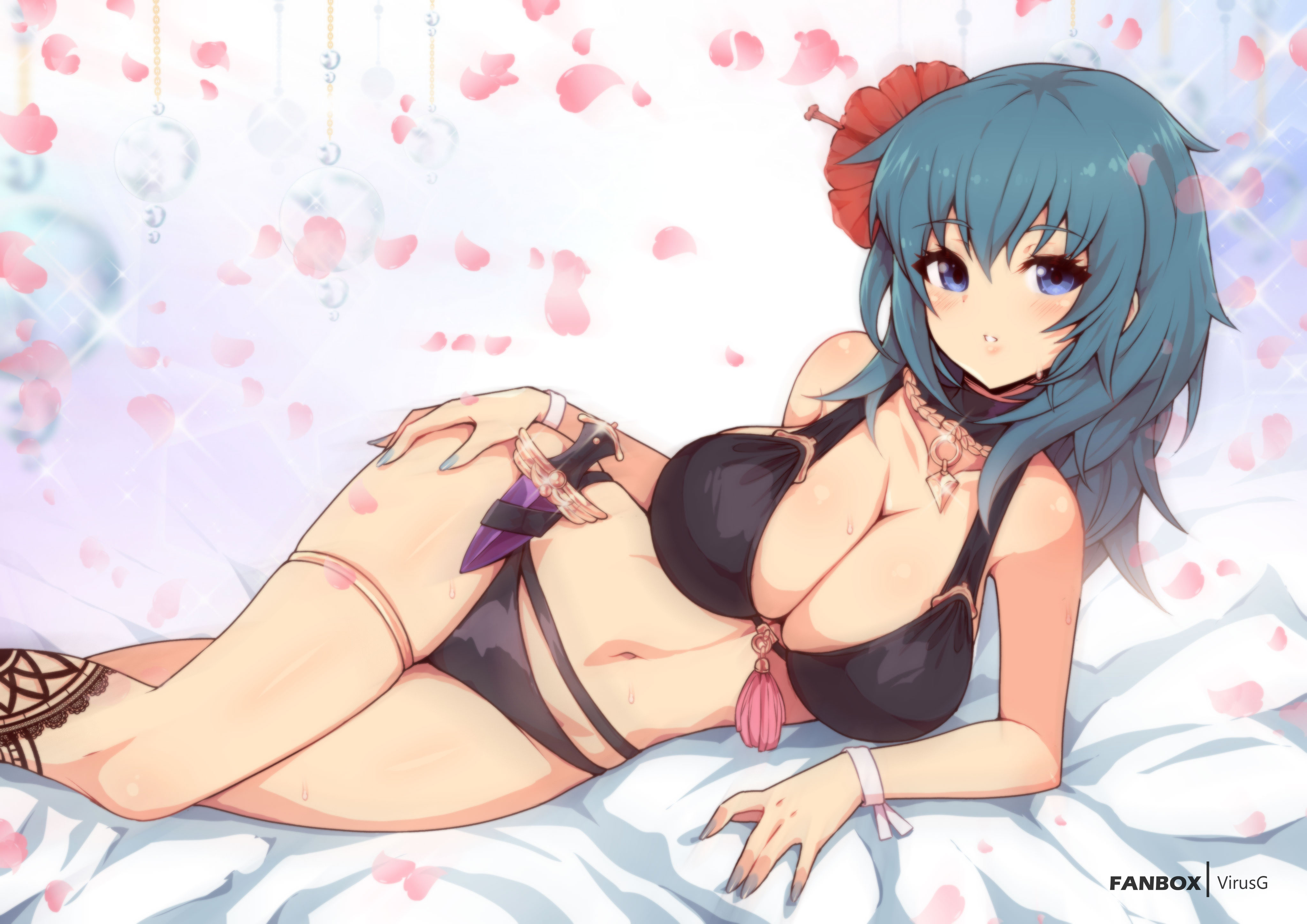 1girls, absurdres, alternate costume, bangs, bare shoulders, bed sheet, belt, bikini, black belt, black bikini, black swimsuit, blue eyes, blue hair, blue nails, blush, breasts, byleth (fire emblem), byleth (fire emblem) (female), cleavage, collarbone, cowboy shot, dagger, english commentary, eyebrows visible through hair, female, female only, fire emblem, fire emblem heroes, fire emblem: three houses, floral background, flower, glint, groin, hair between eyes, hair flower, hair ornament, highres, knife, large breasts, long hair, looking at viewer, lying, midriff, nail polish, navel, nintendo, official alternate costume, on bed, on side, parted lips, patreon username, pose, ribbon, sheath, sheathed, sidelocks, skindentation, solo, sweat, swimsuit, teal hair, thighlet, virus-g, weapon, wrist ribbon