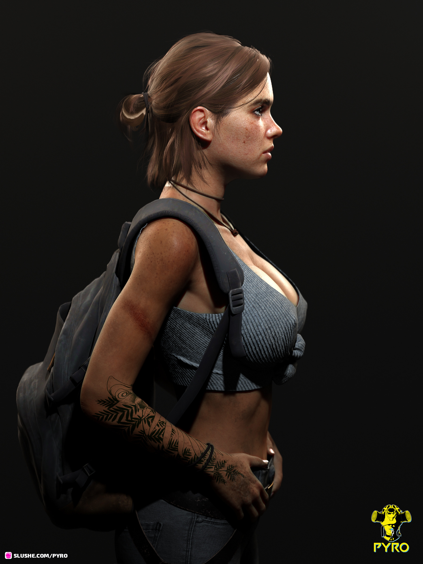 1girls, 3d, 3d (artwork), backpack, bag, big breasts, breasts, cleavage, clothing, crop top, ellie (the last of us), ellie williams, erect nipples, female, freckles, human, large breasts, naughty dog, neckwear, nipple bulge, nipples, pale skin, pyro (artist), realistic, solo, solo female, tattoo, the last of us, the last of us 2