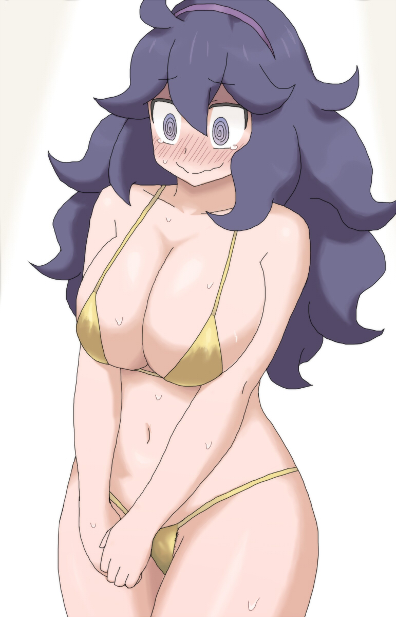 1girls @_@ big_breasts bikini blush breasts embarrassed female hex_maniac long_hair nintendo pokemon pokemon_xy purple_eyes purple_hair solo standing sweat thick_thighs thighs yatani_(do9z)