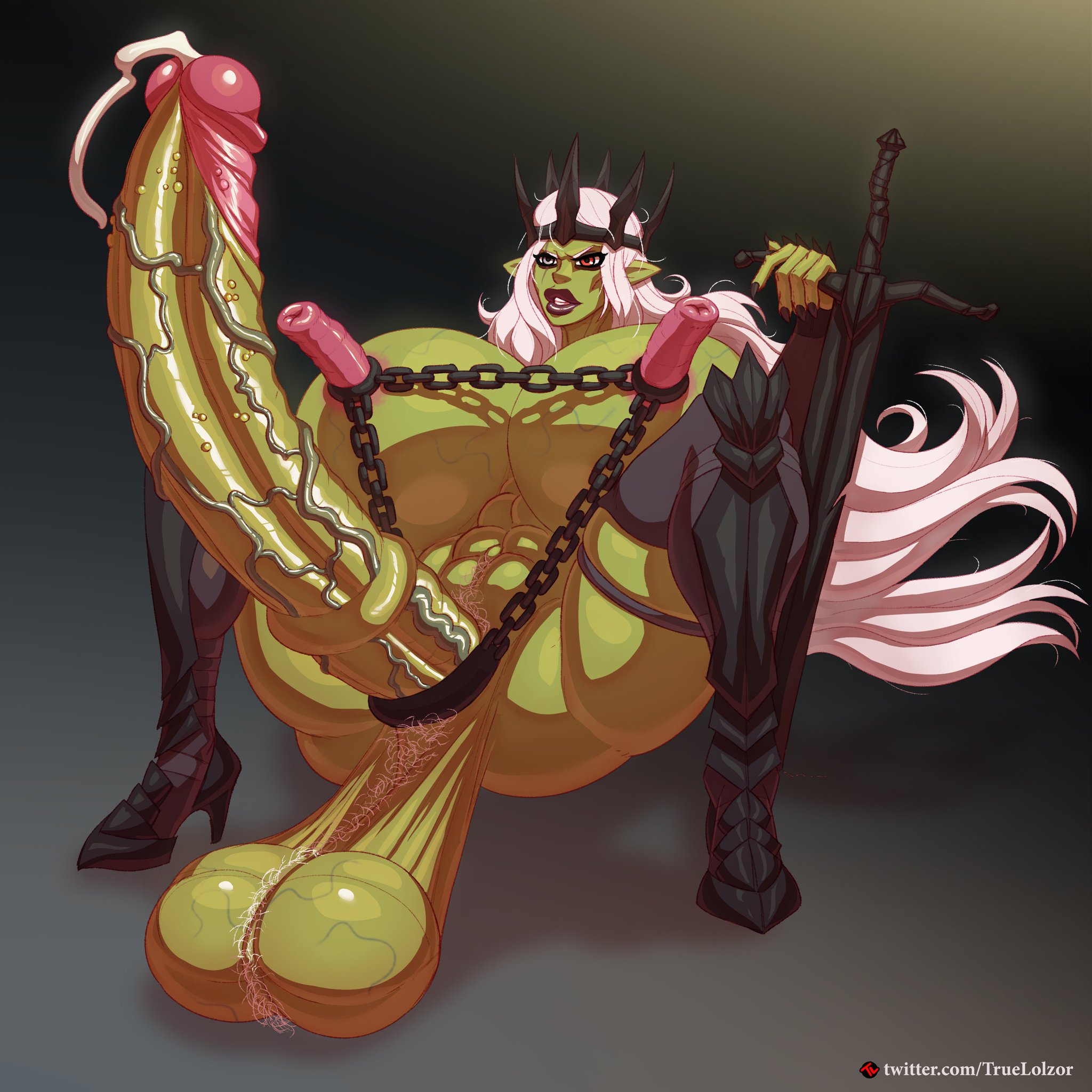 1futa, balls, breasts, chains, futa only, futanari, huge balls, huge breasts, huge cock, huge nipples, huge penis, huge testicles, humanoid, humanoid penis, intersex, long nipples, medial ring, nude, orc, orc futa, penis, precum, pubic hair, sitting, solo, testicles, the terrible orc queen, truelolzor, veiny balls, veiny breasts, veiny penis, veiny testicles, warts