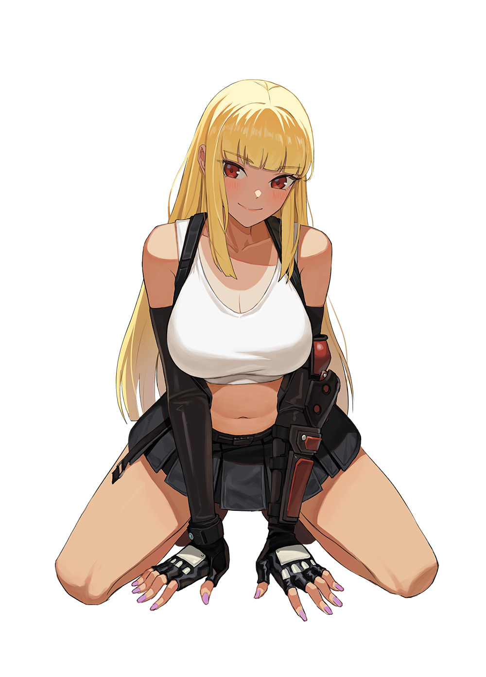 1girls, alluring, arm guards, arm warmers, bangs, bare legs, belt, between legs, big breasts, black gloves, black skirt, blonde hair, blunt bangs, blush, breasts, cleavage, closed mouth, collarbone, commentary, commission, cosplay, crop top, elbow gloves, elbow pads, emilie de rochefort, english commentary, eyebrows visible through hair, female, final fantasy, final fantasy vii, fingerless gloves, full body, gloves, hand between legs, high res, jason kim, kneel, lips, long hair, looking at viewer, midriff, miniskirt, nail polish, namco, painted nails, pleated skirt, purple nails, simple background, skirt, smile, solo, square enix, straight hair, tank top, tekken, thighs, tifa lockhart, tifa lockhart (cosplay), voluptuous, white background, white tank top