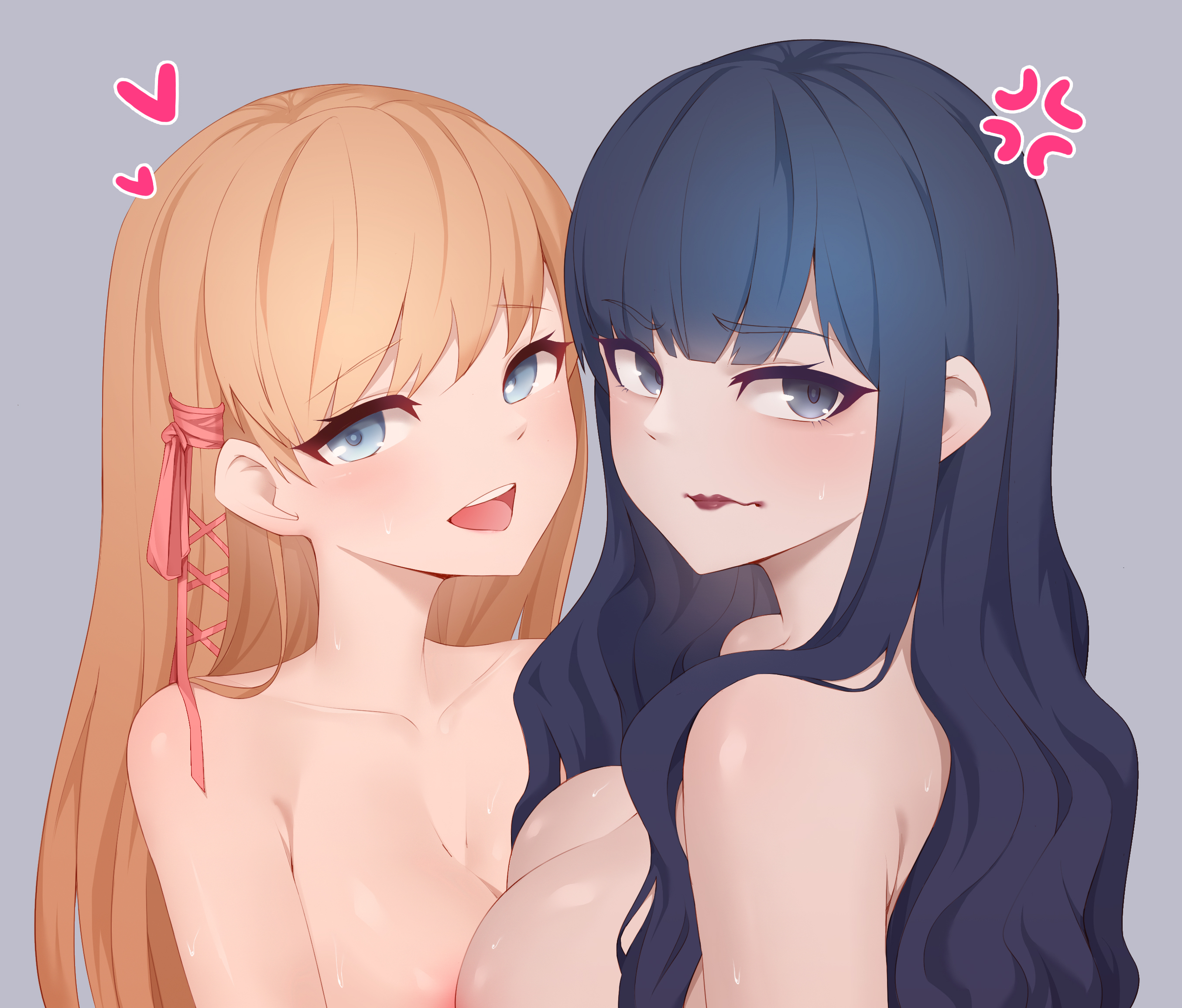 2girls, anger vein, black hair, blue eyes, breasts, cleavage, eyebrows visible through hair, female, final fantasy, final fantasy xiv, gaia (ffxiv), h.carrrrrrot, hair ribbon, heart, highres, hyur, lipstick, long hair, multiple females, multiple girls, open mouth, orange hair, pink ribbon, ryne waters, simple background, square enix, sweat, yuri