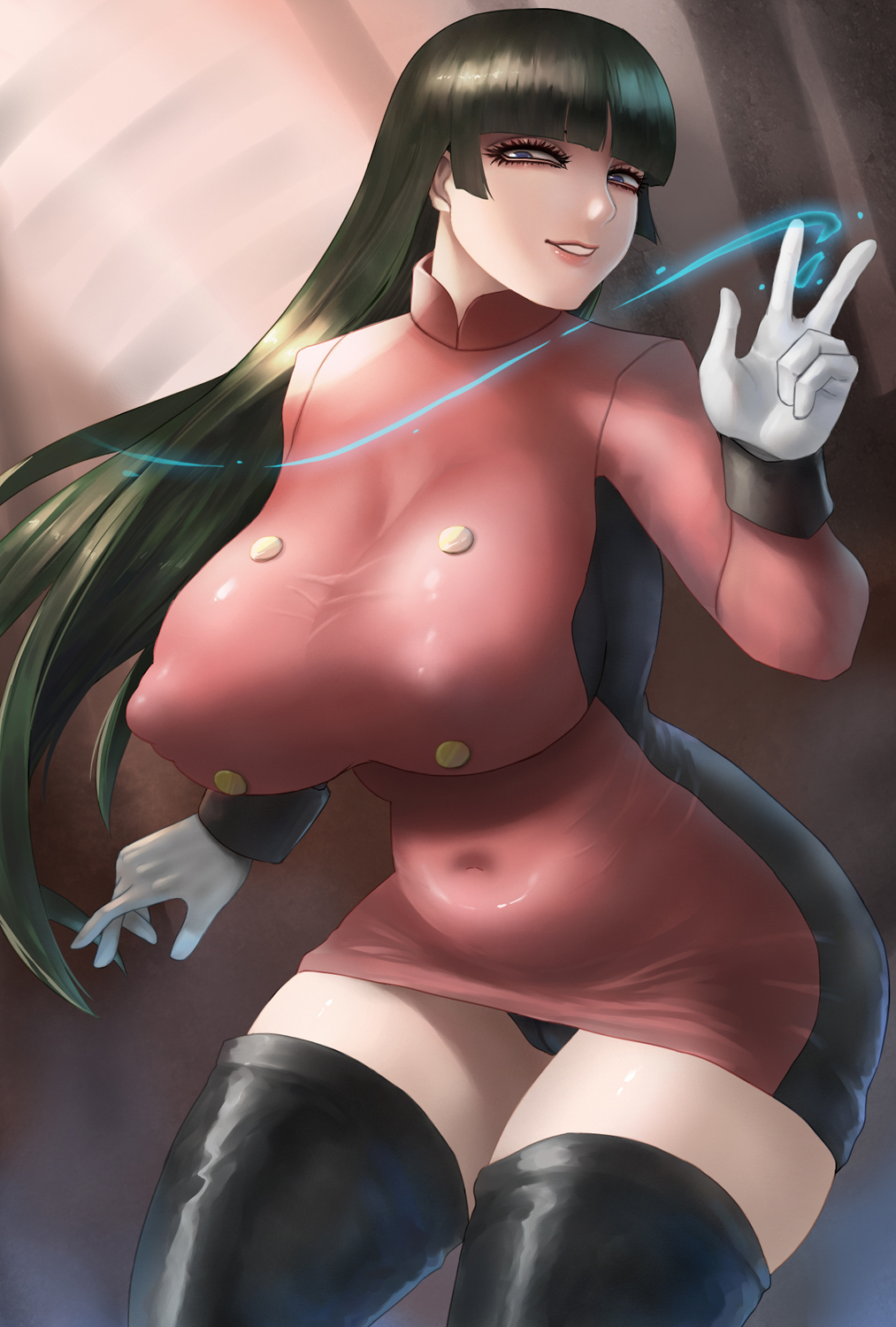 1girls, areola bulge, big breasts, big nipples, breasts, cameltoe, cleavage, erect nipples, female, female only, fully clothed, hime cut, huge breasts, nipple bulge, nipples, no bra, okai, pantyshot, pokemon, pussy, sabrina (pokemon), solo, thick thighs