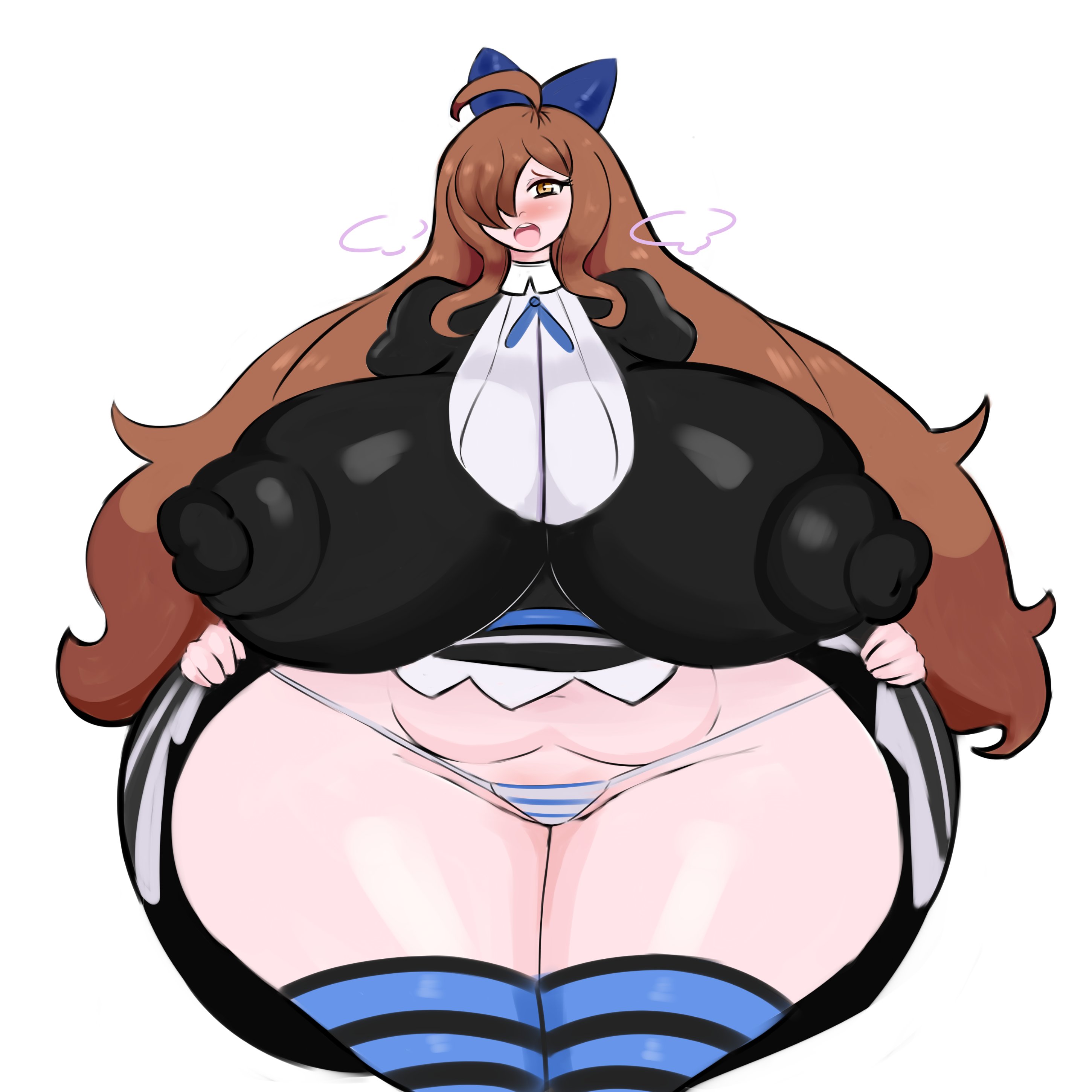 1girls, ahoge, big breasts, blush, breasts, brown hair, clothed, clothed female, cosplay, crossover cosplay, erect nipples, erect nipples under clothes, female, female only, hair over one eye, hair ribbon, hairbow, huge breasts, hyper, hyper breasts, kono subarashii sekai ni shukufuku wo!, long hair, looking at viewer, nipple bulge, nipples, open mouth, panties, panty & stocking with garterbelt, sath15, shimapan, skirt, skirt lift, solo, solo female, standing, stocking anarchy (cosplay), stockings, striped, striped legwear, striped panties, thick thighs, venus body, very long hair, voluptuous, wide hips, wiz (konosuba)