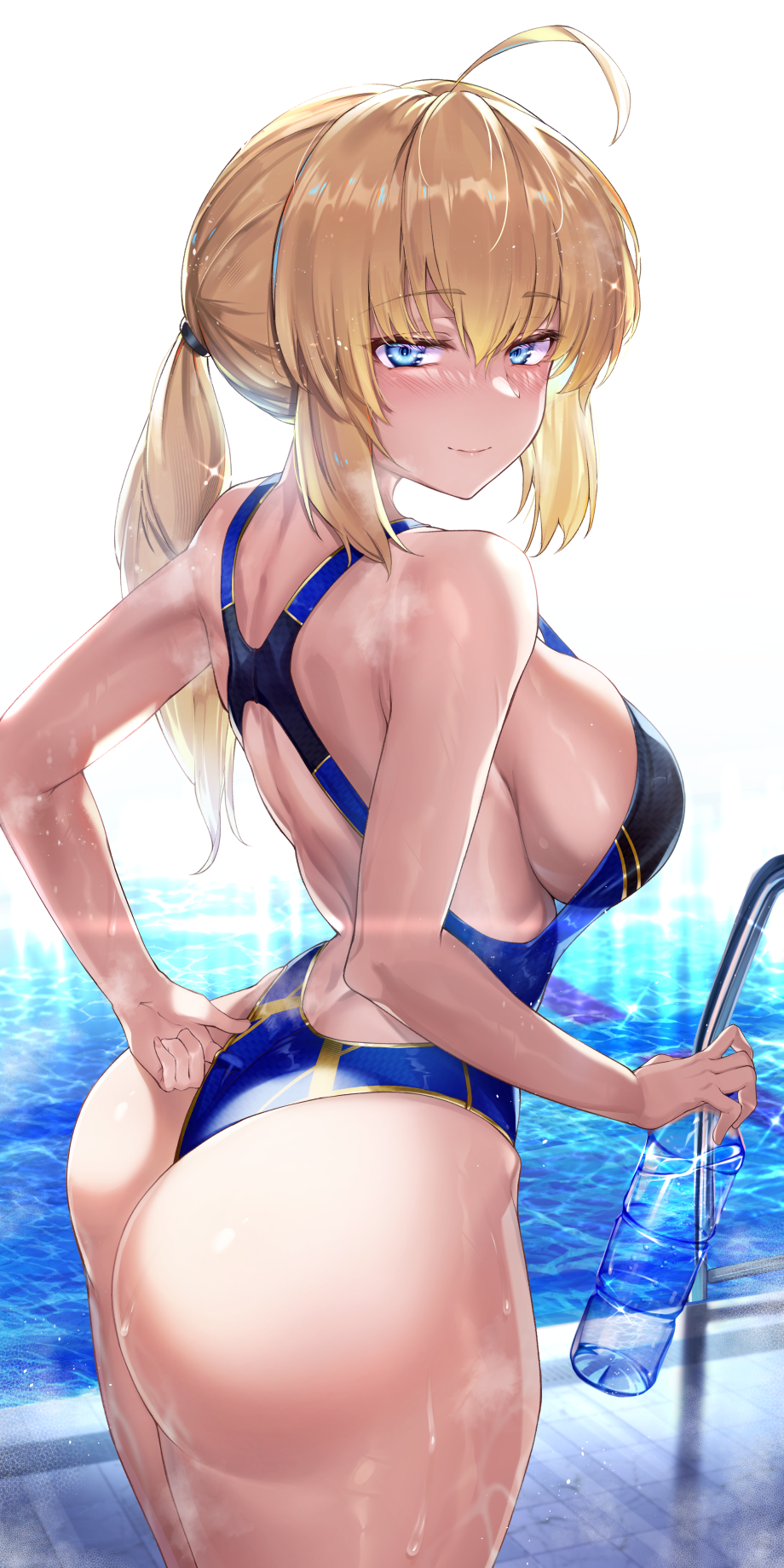 1girls 2021 artoria_pendragon ass big_ass big_breasts big_butt blonde_hair fate/grand_order fate_(series) female female_only hand_on_ass hirasawa_seiji holding_object huge_ass huge_thighs looking_at_viewer looking_back mysterious_heroine_xx_(foreigner) one-piece_swimsuit solo solo_female swimming_pool swimsuit thick_thighs water_bottle