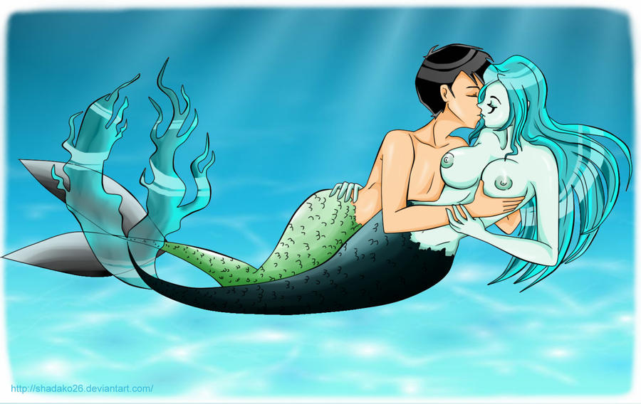 1boy 1girls areola areolae black_hair blue_body blue_fur breast breast_grab breasts cleavage commission danny_fenton danny_phantom ember_mclain female kissing male mermaid mermaid_tail merman nickelodeon nipples shadako26 straight tail topless topless_female underwater water