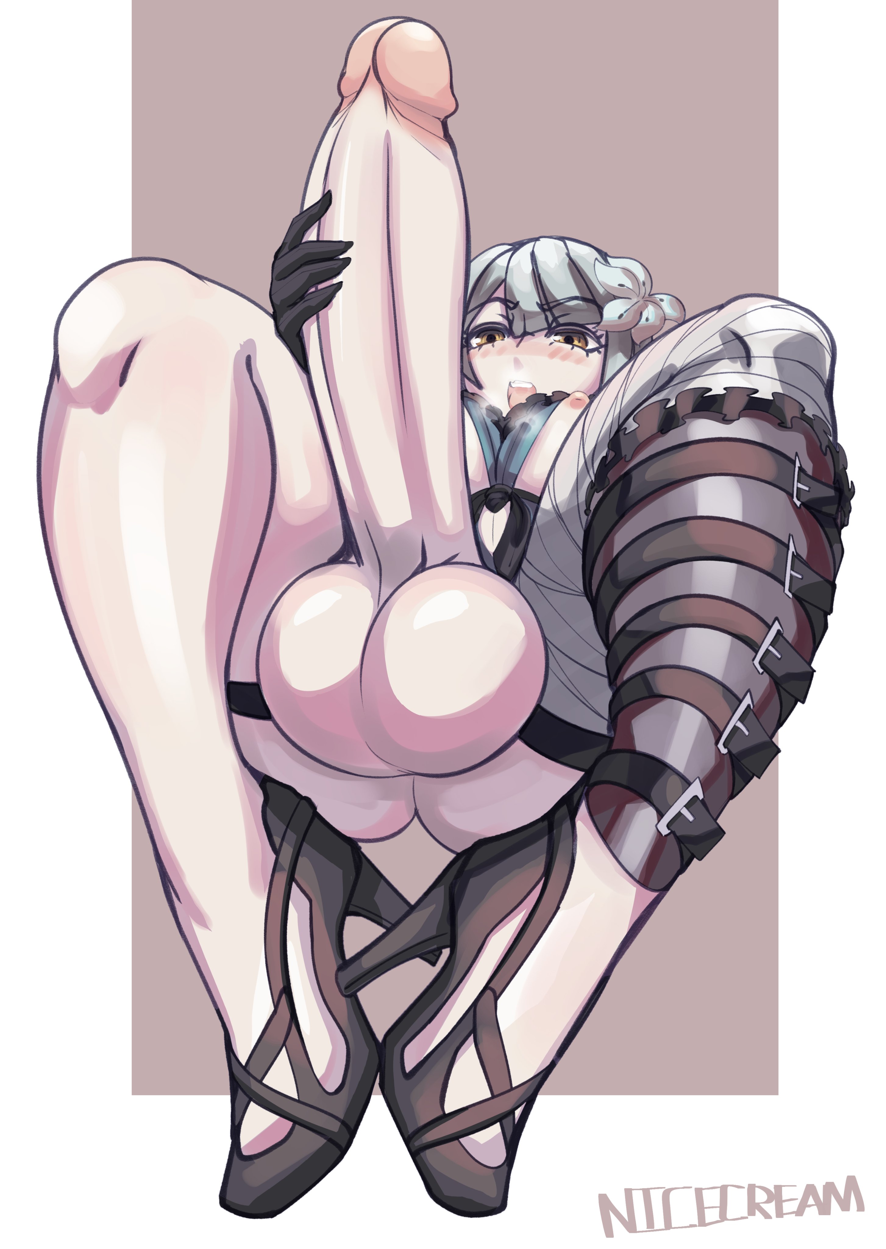 1futa, absurdres, areolae, balls, big balls, big breasts, breasts, erection, futa only, futanari, highres, intersex, kaine (nier), large breasts, large penis, nicecream, nier, nier replicant, nipples, penis, solo, testicles